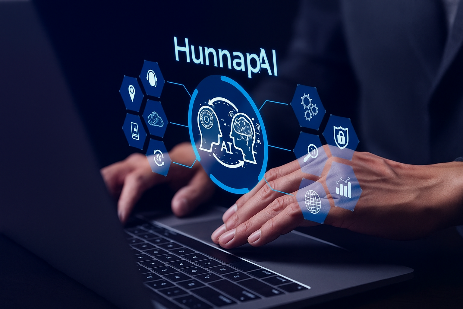 Person using a laptop with a holographic interface displaying the HunnapAI logo and AI-related icons such as heads with brains, gears, a shield, a globe, and statistical graphs.