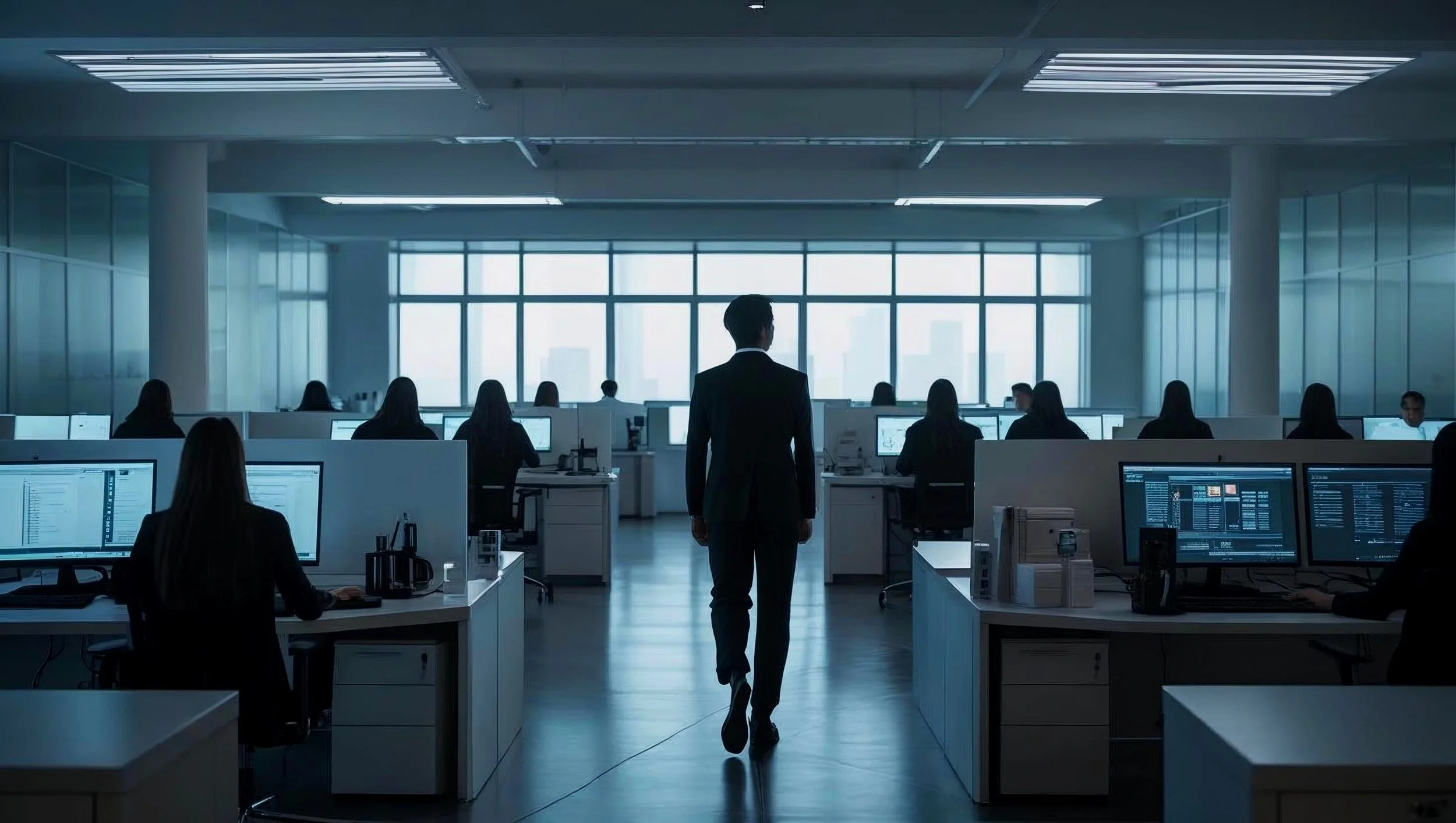 A man in a business suit walking through a modern office filled with employees working at desks with computers.