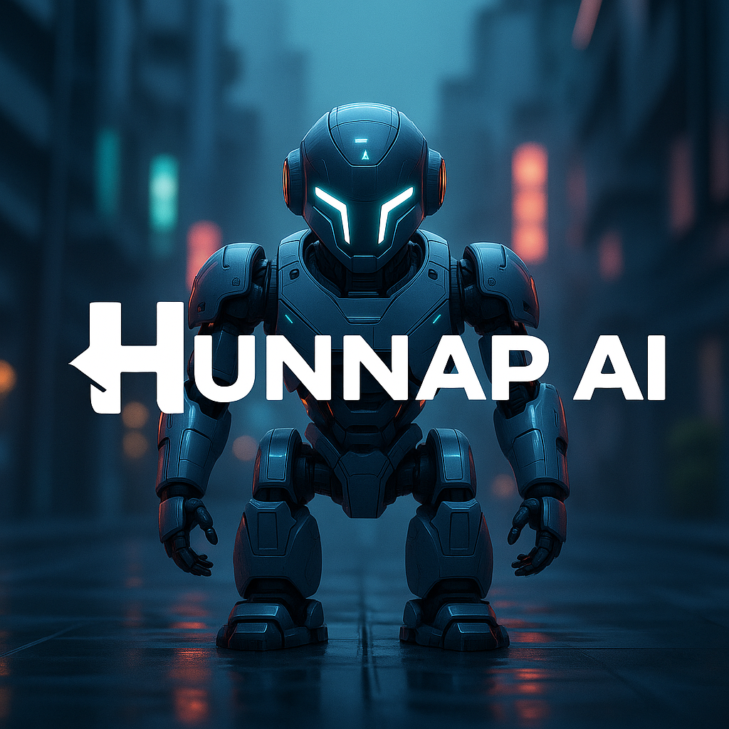 A futuristic humanoid robot standing in a city at night with blurred city lights in the background, and the text 'HUNNAP AI' overlaid.