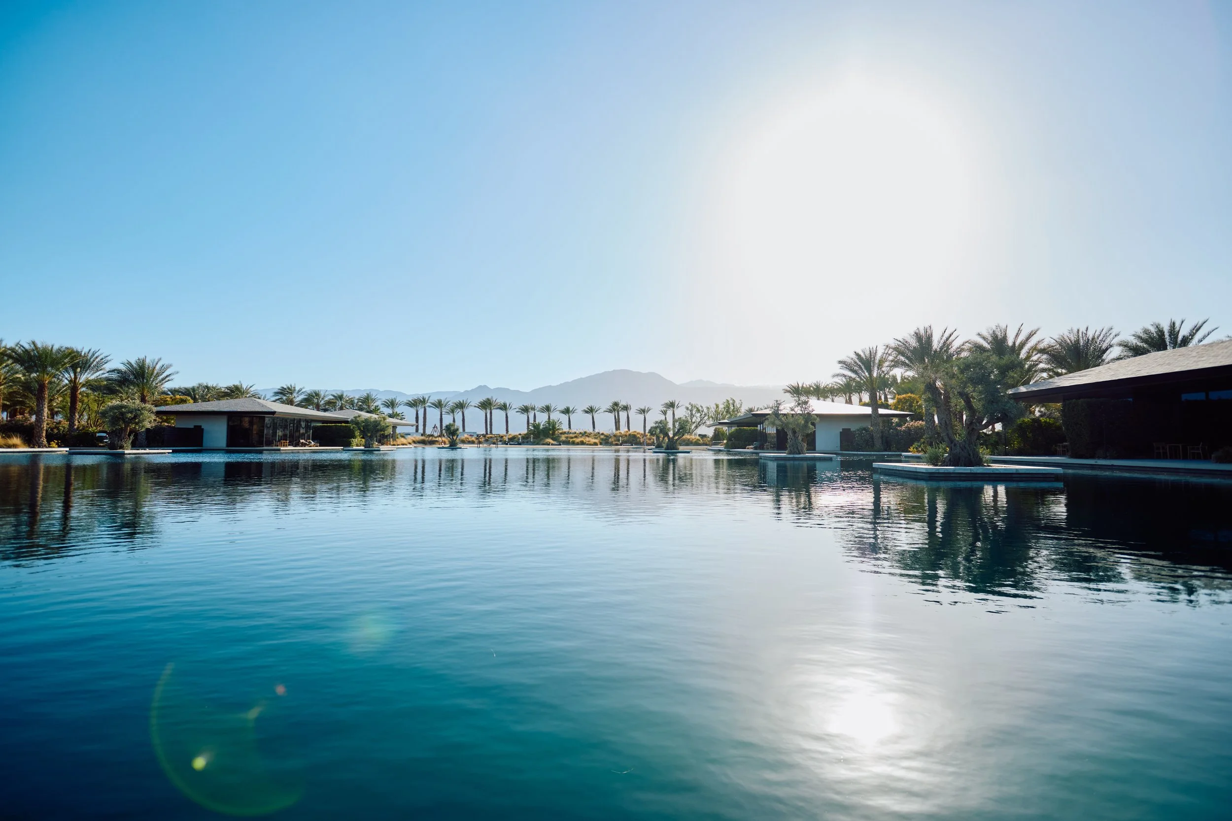 A luxurious outdoor swimming pool surrounded by palm trees and modern buildings, with mountains in the background and bright sunlight overhead.