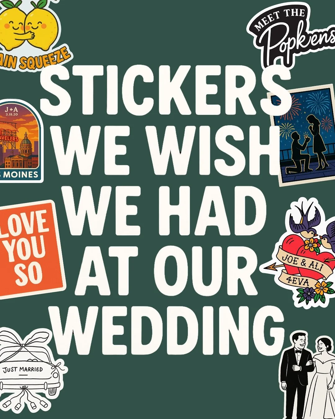 ✨Stickers we wish we had at our wedding✨
Whether you&rsquo;re into fully custom illustrations of your dog in a tux or just want your names on a pre-designed fave &mdash; we&rsquo;ve got a package for that.

🥇 Fully Custom: You dream it, we doodle it