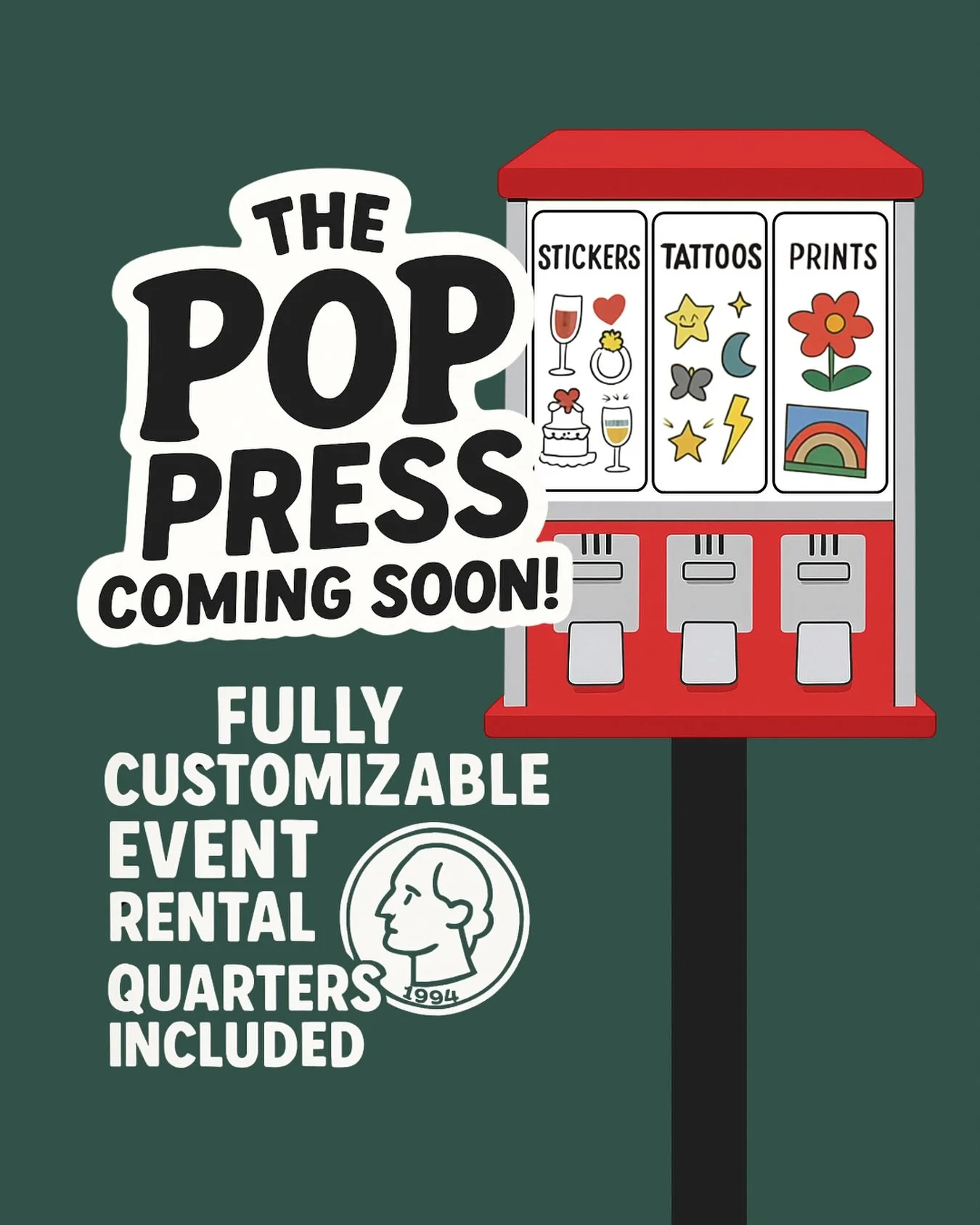 Meet The Pop Press! A fresh take on event rentals that&rsquo;s part nostalgic fun, part modern magic and a favor your guests will actually want!

We&rsquo;re bringing you a fully customizable vending machine experience filled with stickers, temporary