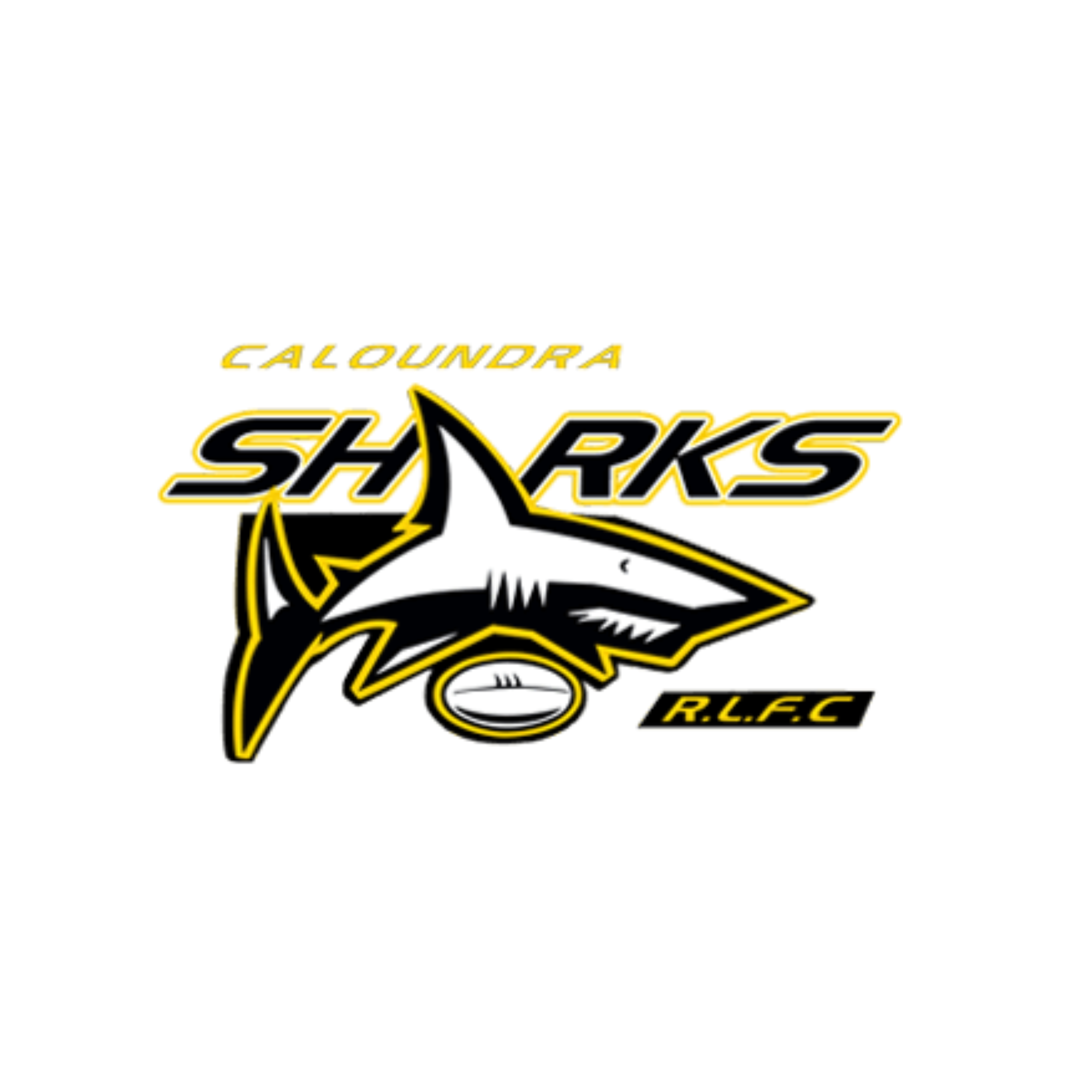 Caloundra Sharks rugby team logo with a shark and a rugby ball, featuring black, yellow, and white colors, and text including 'Caloundra Sharks,' 'R.L.F.C,' with a white background.