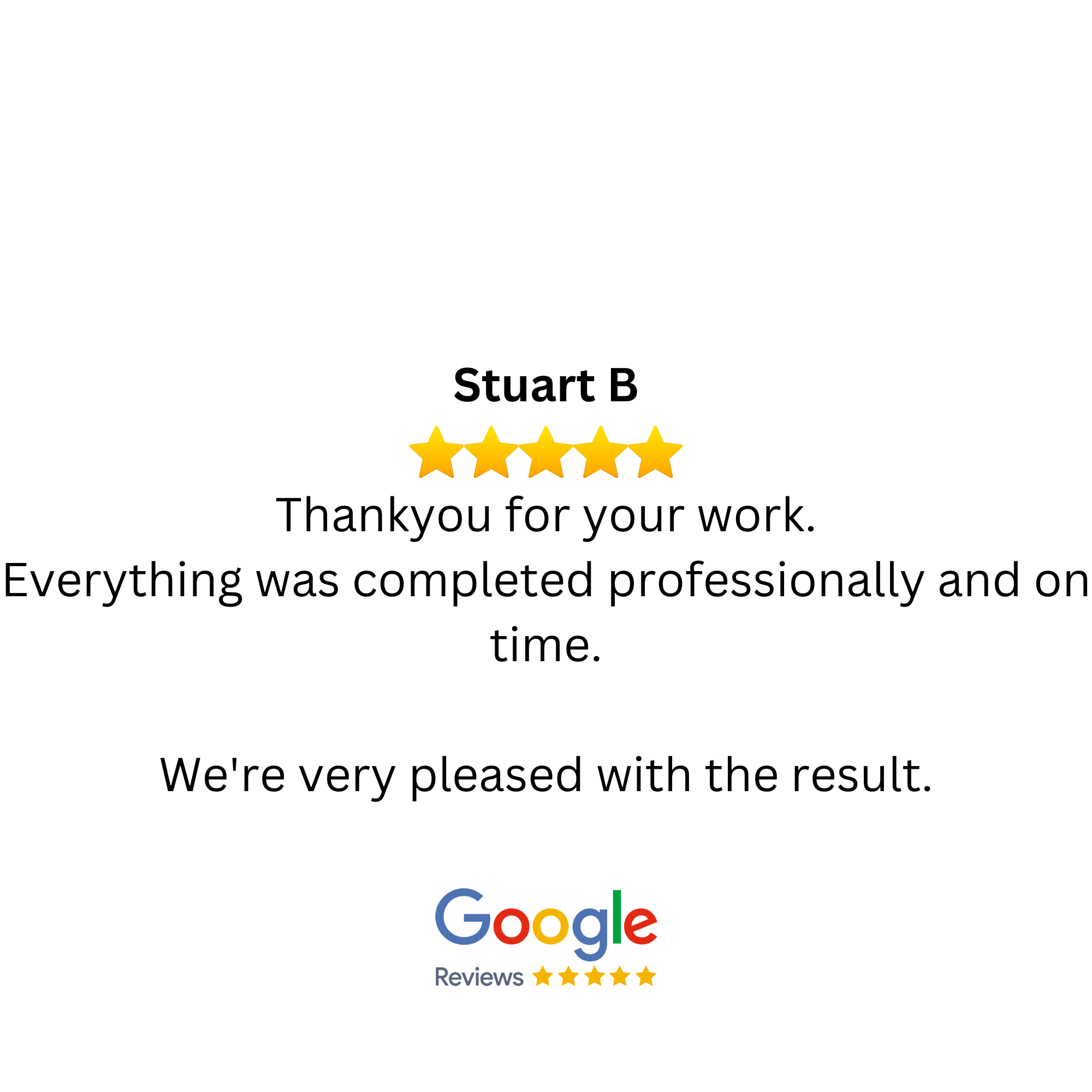 Google reviews certificate with five gold stars, praise for professional and timely work, and a customer's positive feedback.