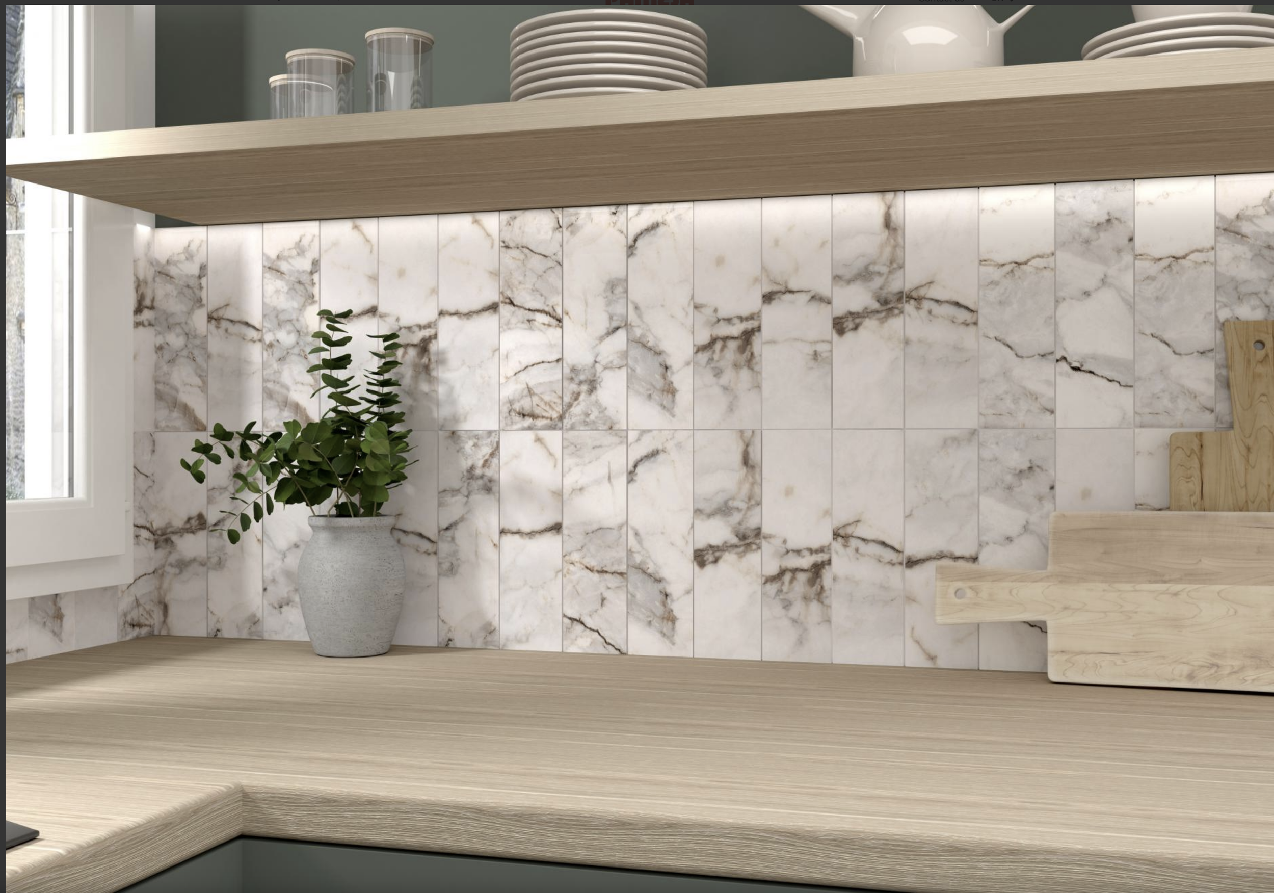 Kitchen corner with marble tile backsplash, wooden shelves, a potted plant, and a wooden cutting board.