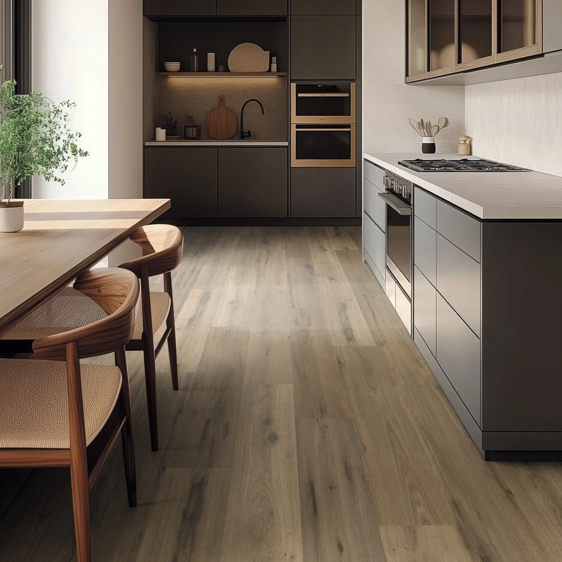 Modern kitchen with wooden dining table, chairs, and dark cabinets, featuring built-in appliances and minimal decor.