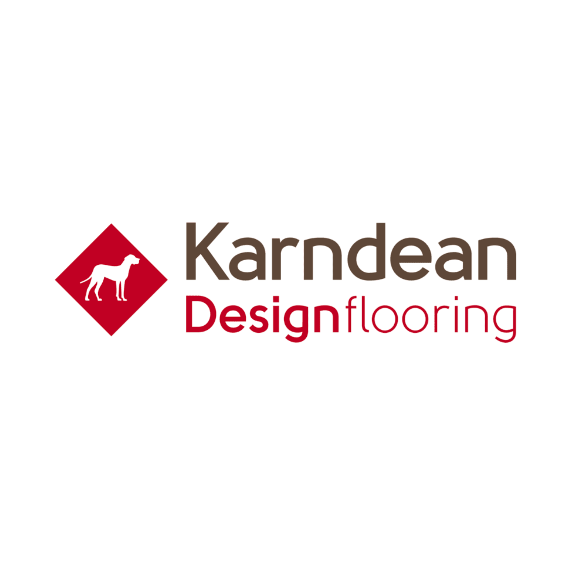 Karndean Design Flooring logo with a red diamond shape containing a white dog silhouette and text in brown and red colors.