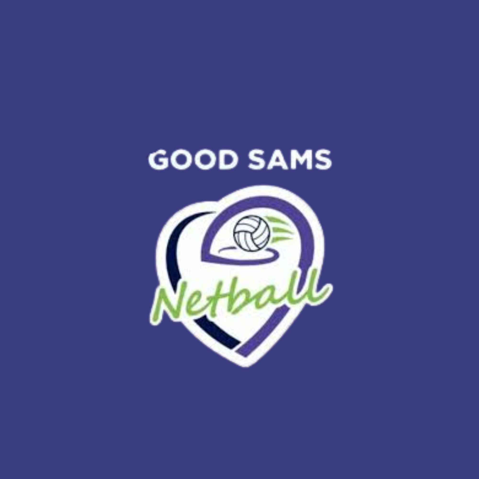 Logo for Good Sams Netball, featuring a handball inside a heart shape and the words "Good Sams" and "Netball" on a blue background.