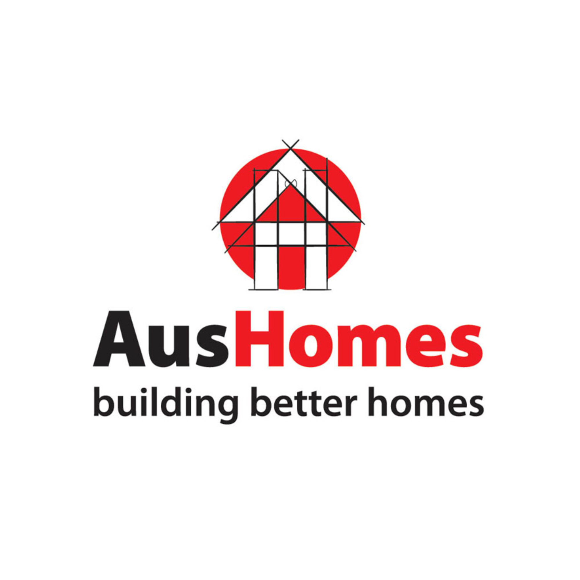 Logo for AusHomes featuring a stylized house with construction lines inside a red circle, and the text 'AusHomes building better homes' in black and red.