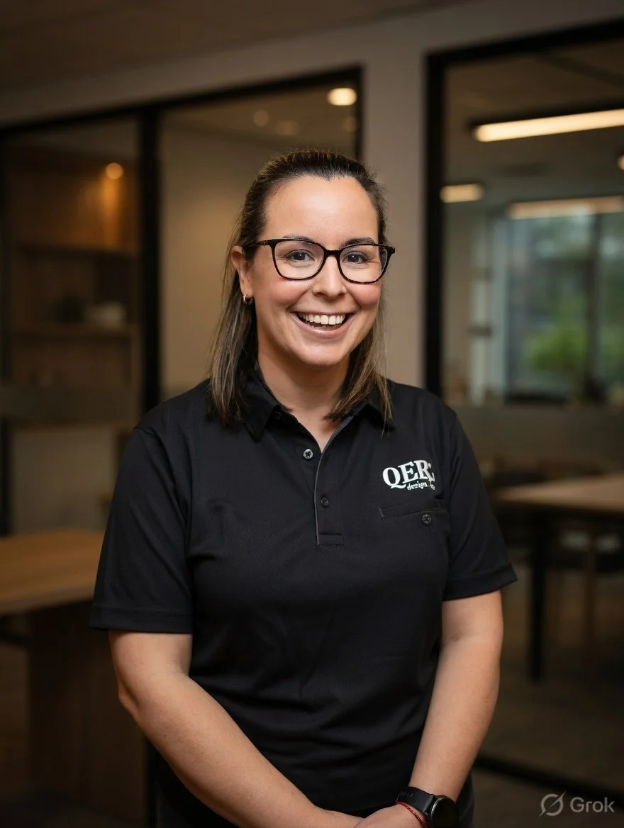 A smiling woman with glasses and shoulder-length hair, wearing a black polo shirt with a logo, standing indoors near windows and tables.