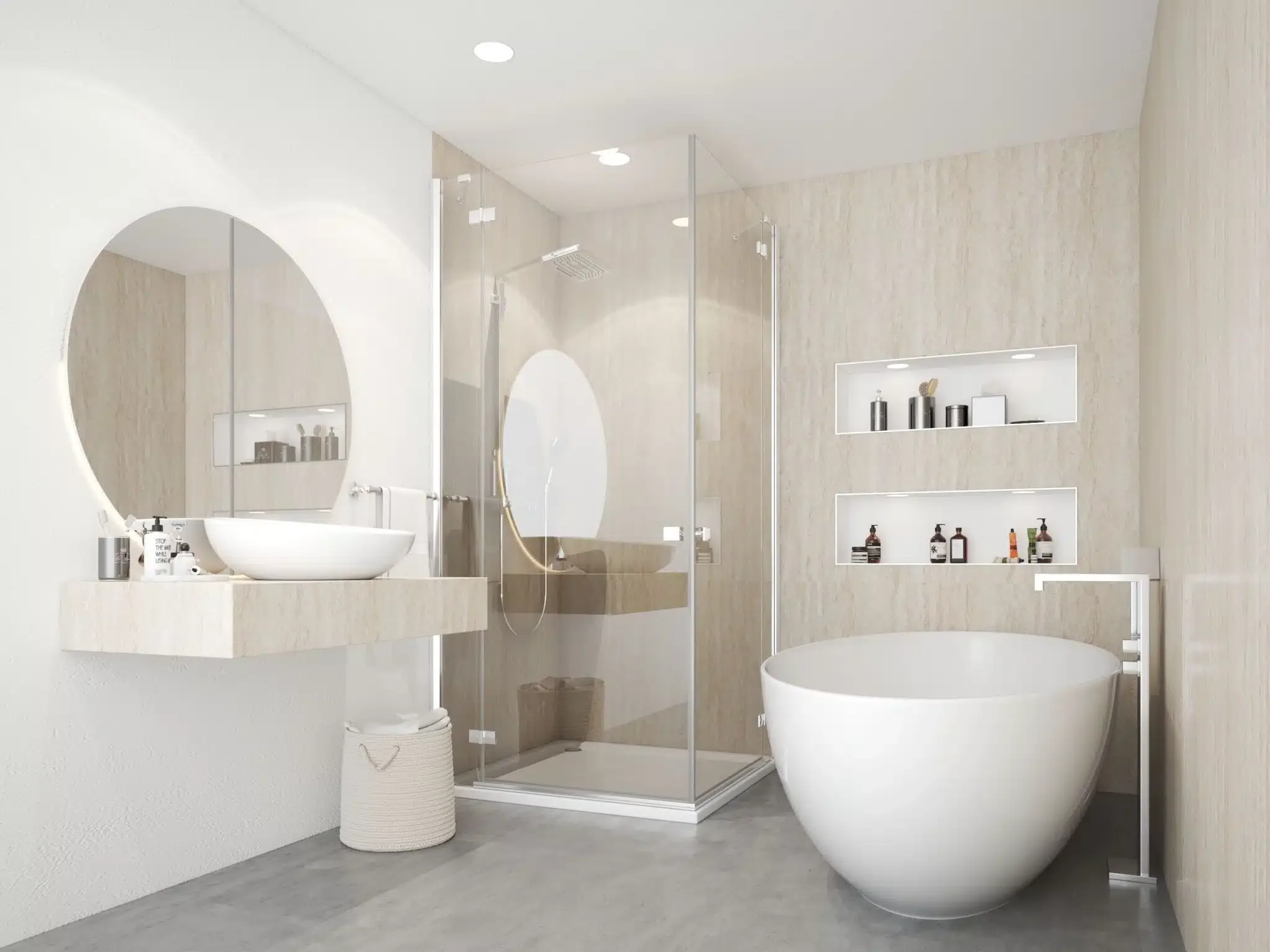 Modern bathroom with a large round mirror, vessel sink, glass shower enclosure, built-in wall shelves with toiletries, and a freestanding oval bathtub.