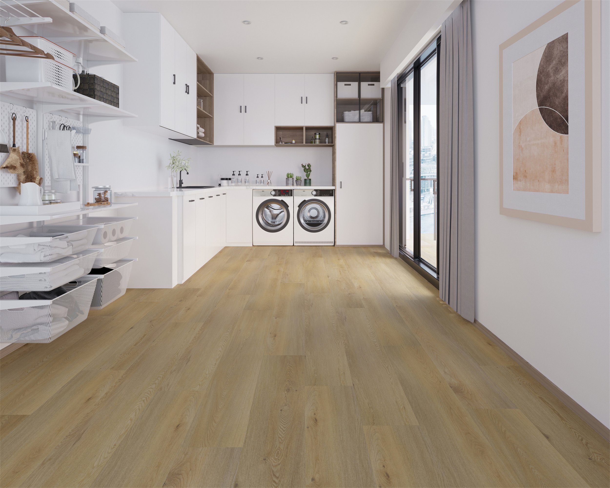Modern laundry room with white cabinetry, a washing machine, and a dryer. Wooden shelves with baskets and small decorative items. A large window with blue curtains. Light wooden flooring and a framed abstract art piece on the wall.