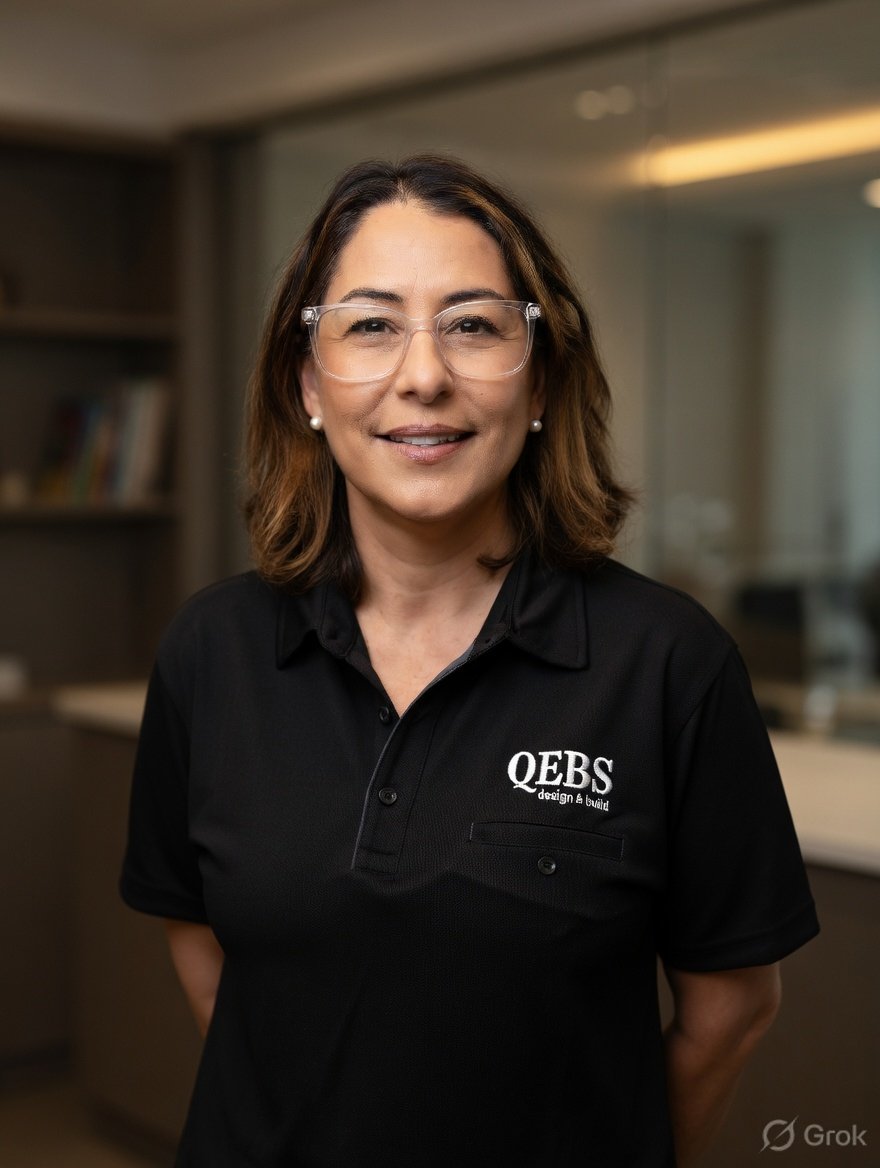 A woman with shoulder-length brown hair wearing clear glasses and pearl earrings, dressed in a black polo shirt with a logo that says QEBs design & build, standing indoors with a blurred background.