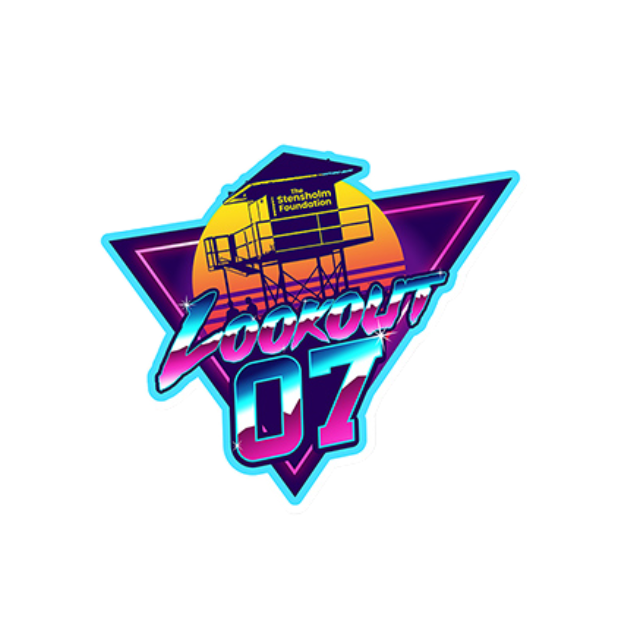 Logo for Lookout OZ 07 with neon colors, sunset background, and a lifeguard tower.