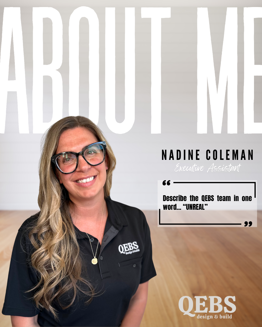 A woman with long blonde hair, glasses, and a black QEBS polo shirt smiling in a room with light-colored wood flooring and white striped walls, with large white text and a quote bubble on the background.