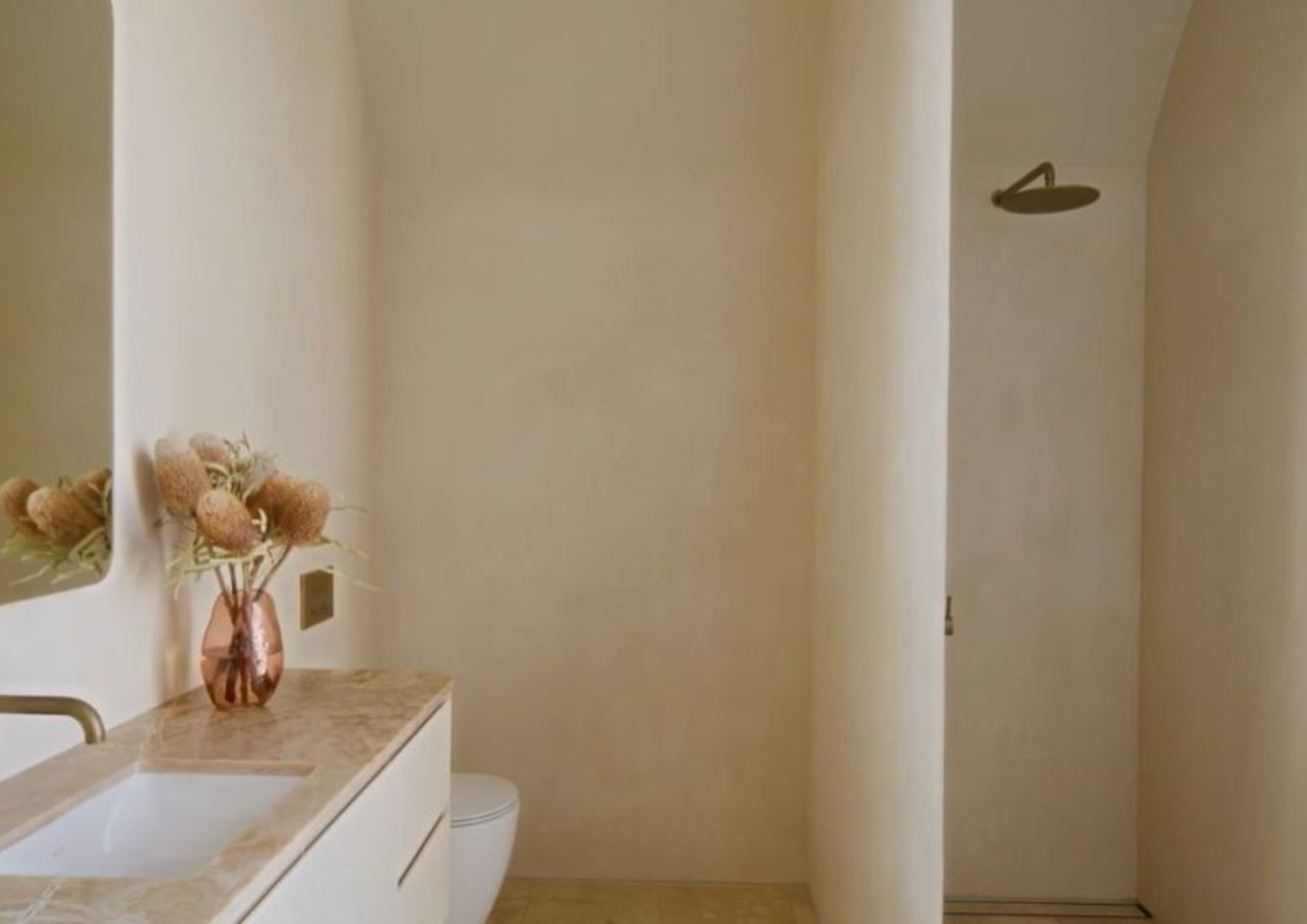 Bathroom with a marble countertop, a vase with dried flowers, a toilet, and a shower with a rainfall shower head.