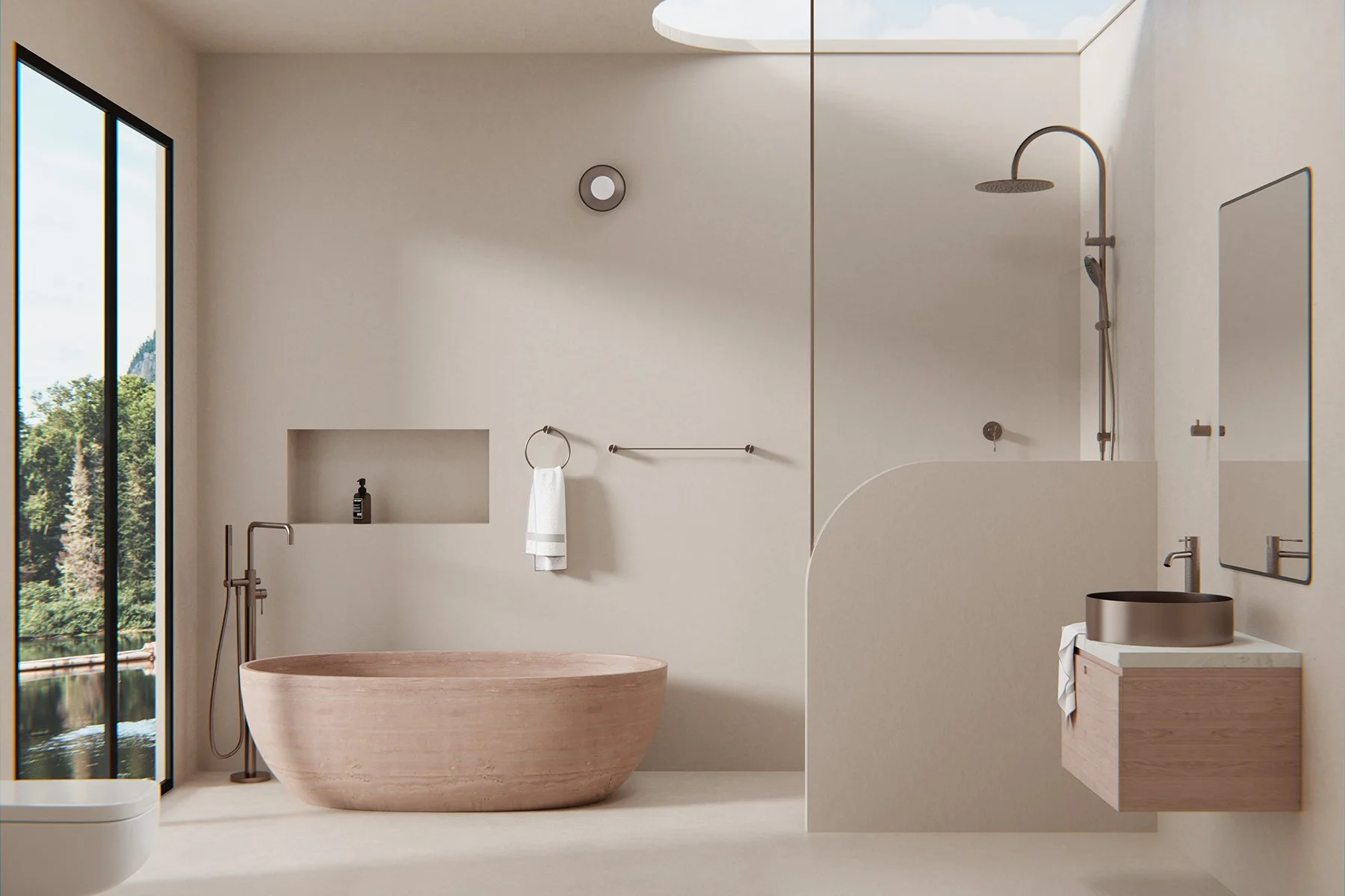 Modern bathroom with a freestanding stone bathtub, a shower with a rain showerhead, and a floating vanity with a vessel sink. Large window shows outdoor greenery.