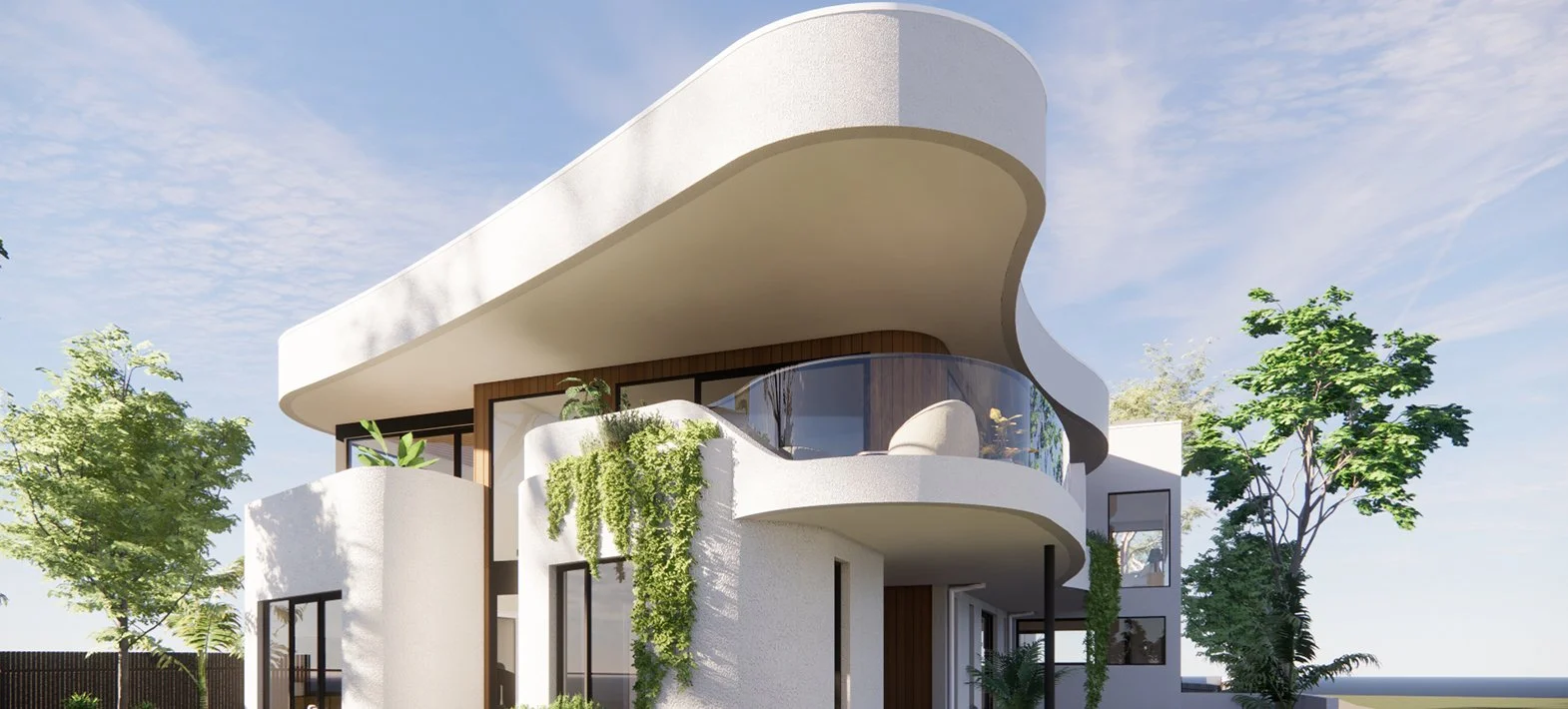 Modern white house with curved balconies, glass railings, green plants, and tall trees, under a blue sky.