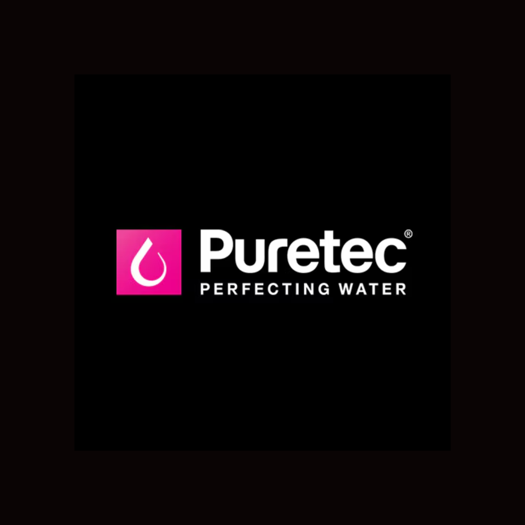 Puretec logo featuring a pink square with a white water droplet icon and the text 'Puretec' in bold white letters, beneath which is the slogan 'PERFECTING WATER'.