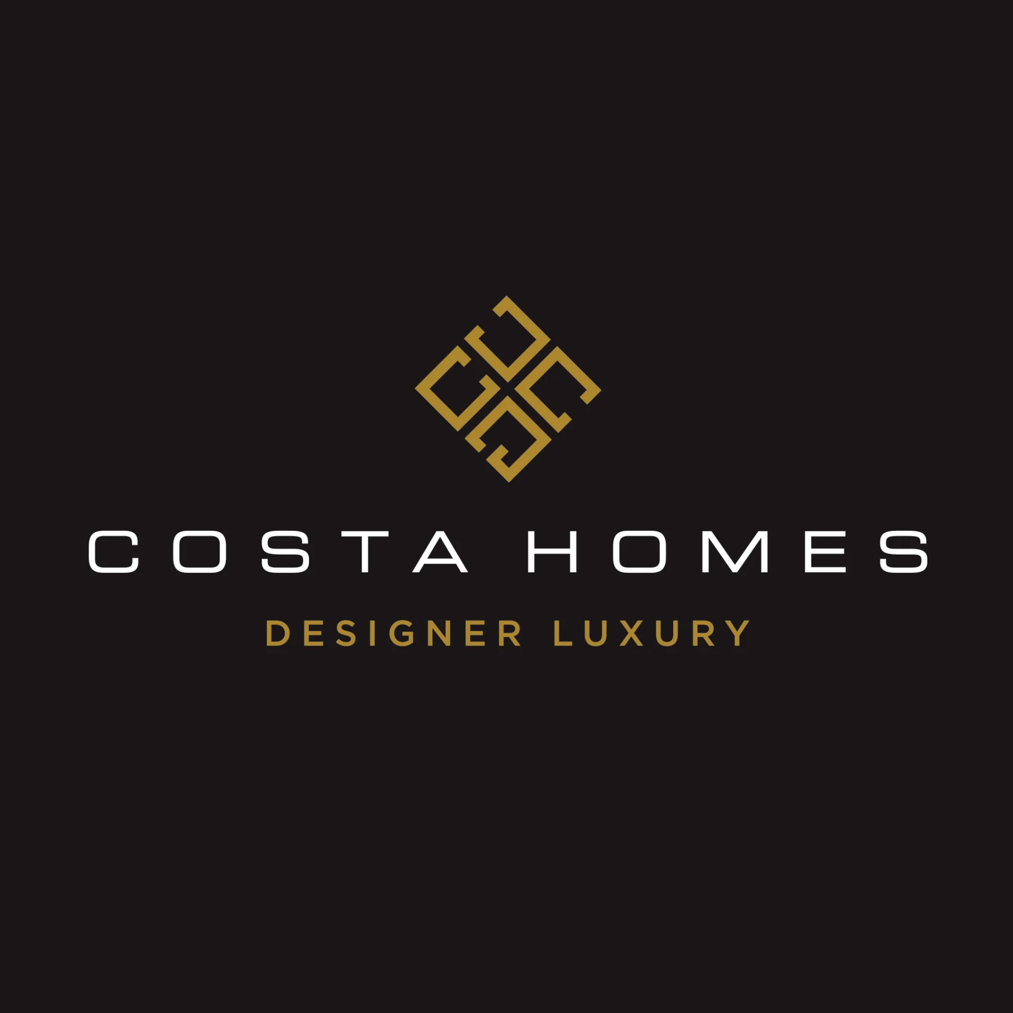 Logo for Costa Homes featuring a gold geometric icon and text 'Costa Homes' with the tagline 'Designer Luxury' on a black background.