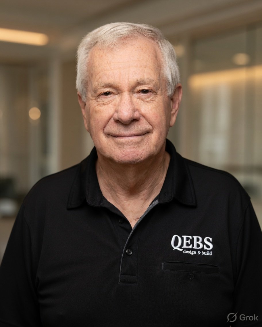 Older man with white hair smiling, wearing a black polo shirt with 'QBS design & build' logo, in an office setting.