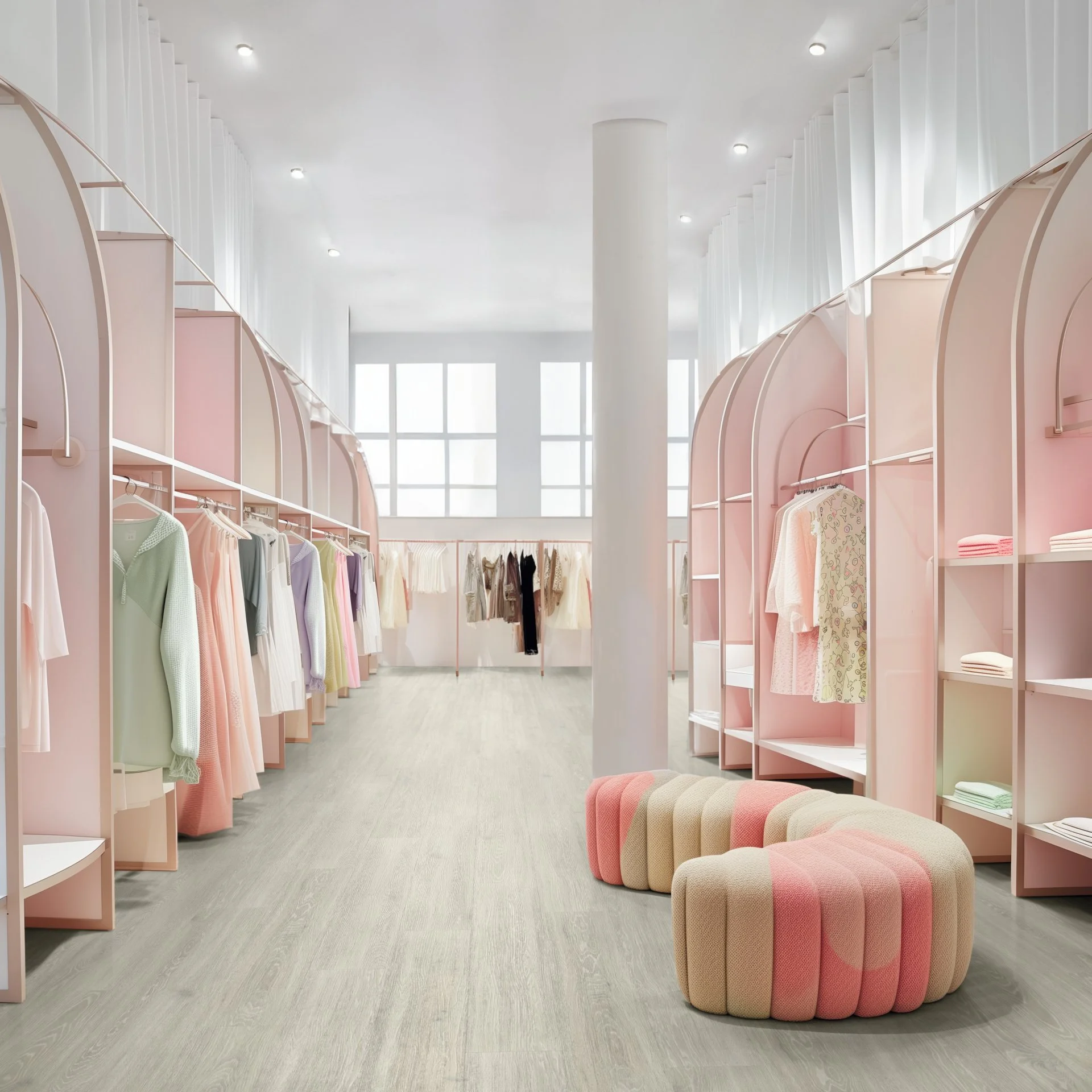 Clothing store with pink and white display shelves, hanging clothes, and a soft pastel-colored bench.