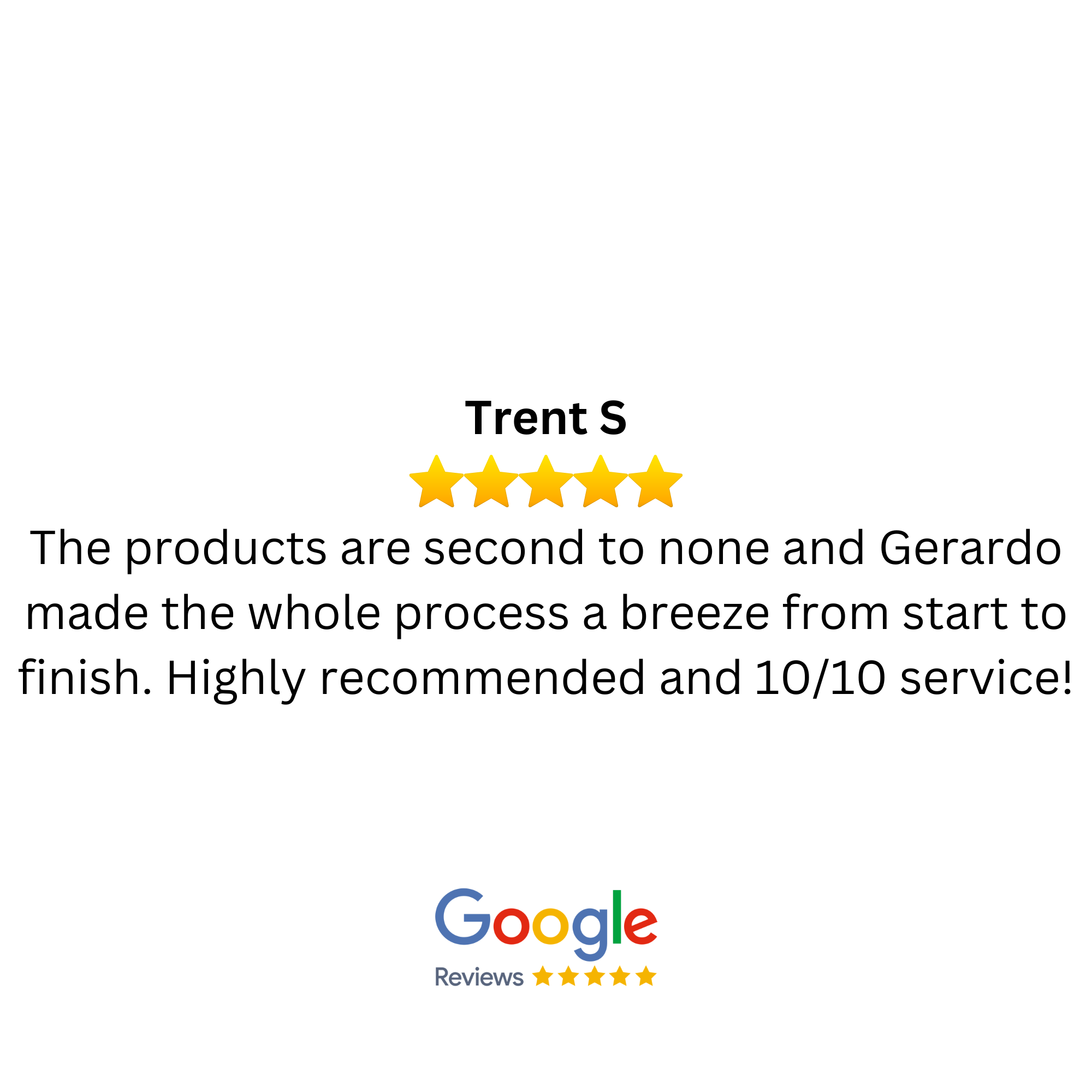 Google reviews with five-star rating, customer review praising product and service, star icons, and colorful Google logo.