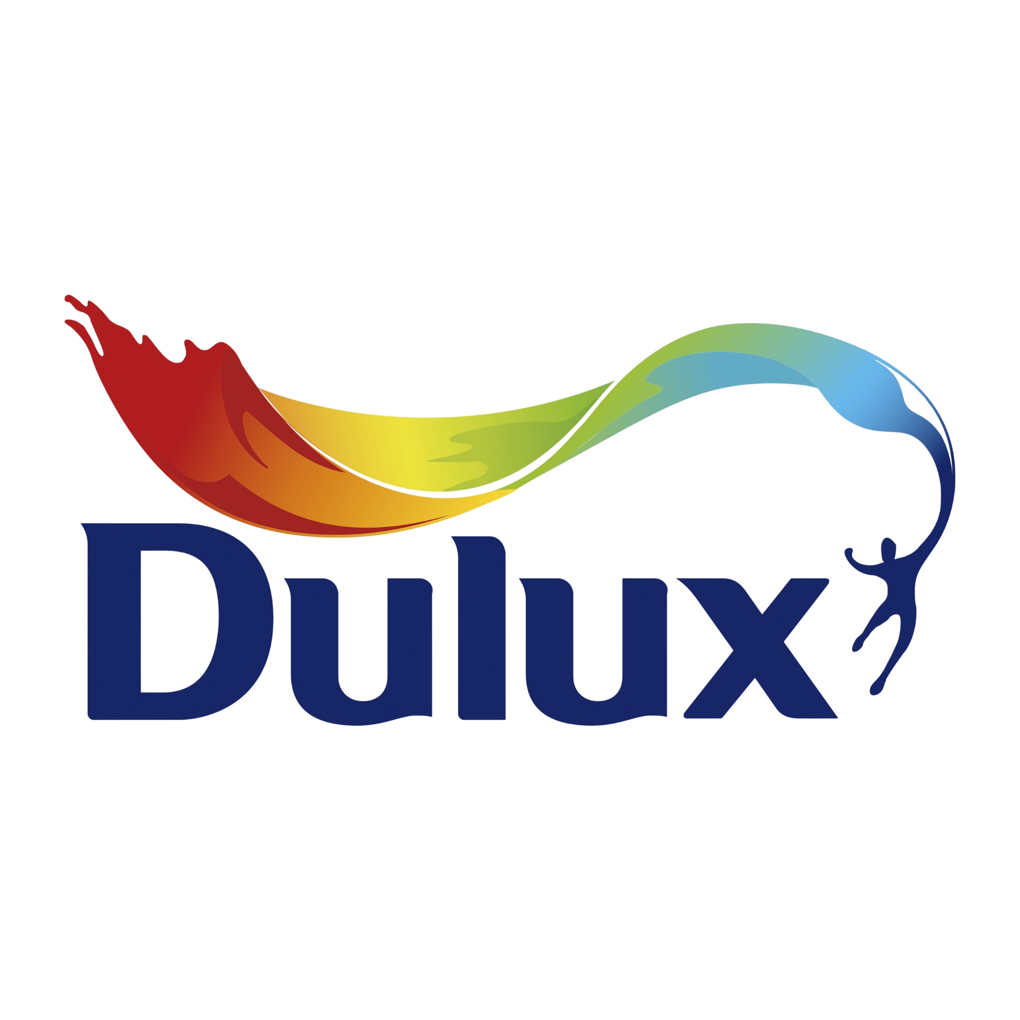 Dulux logo with a colorful paintbrush stroke and a small figure holding onto the brush, against a white background.