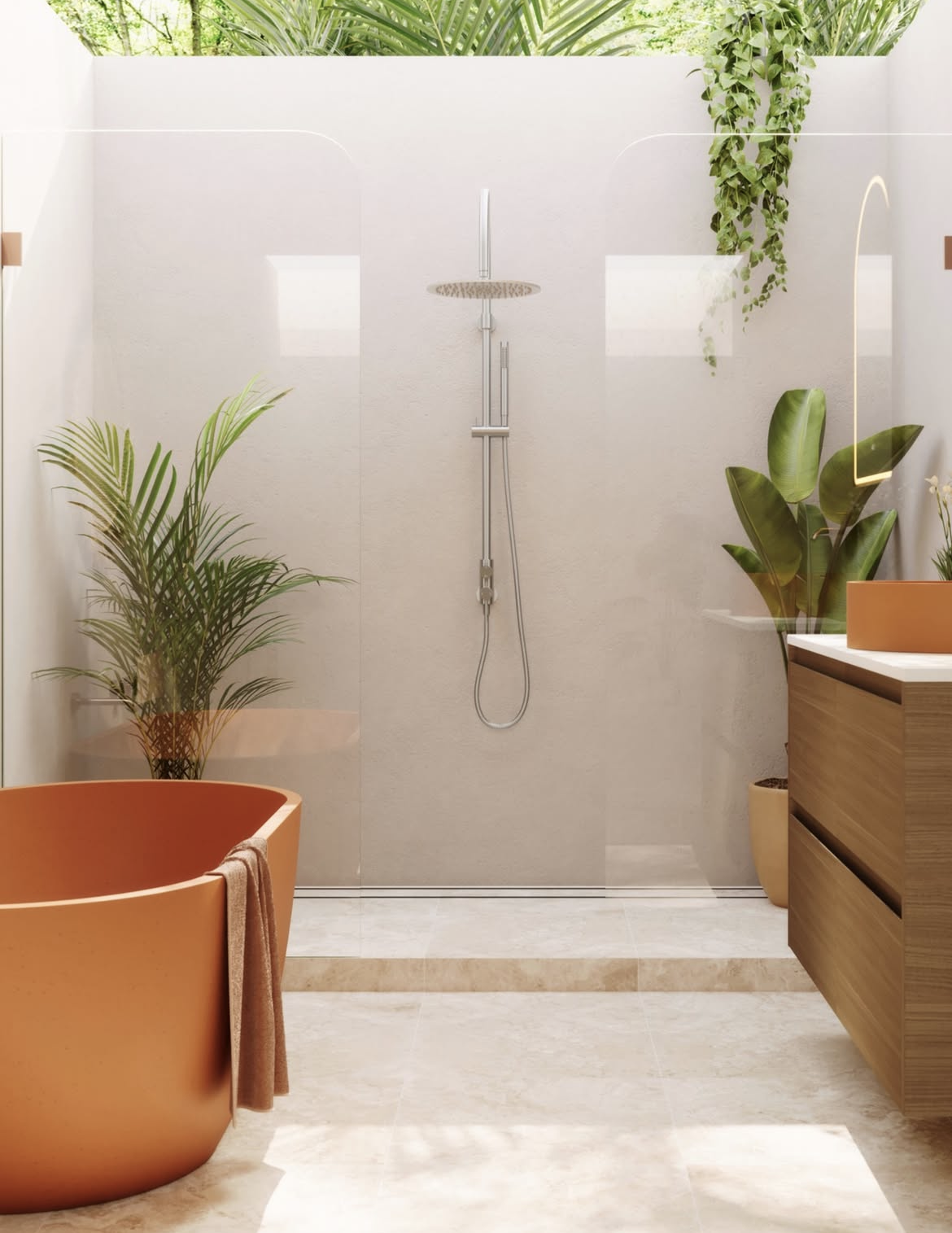 Modern bathroom with a walk-in shower, orange bathtub with a brown towel, potted plants, and minimalist wooden vanity.