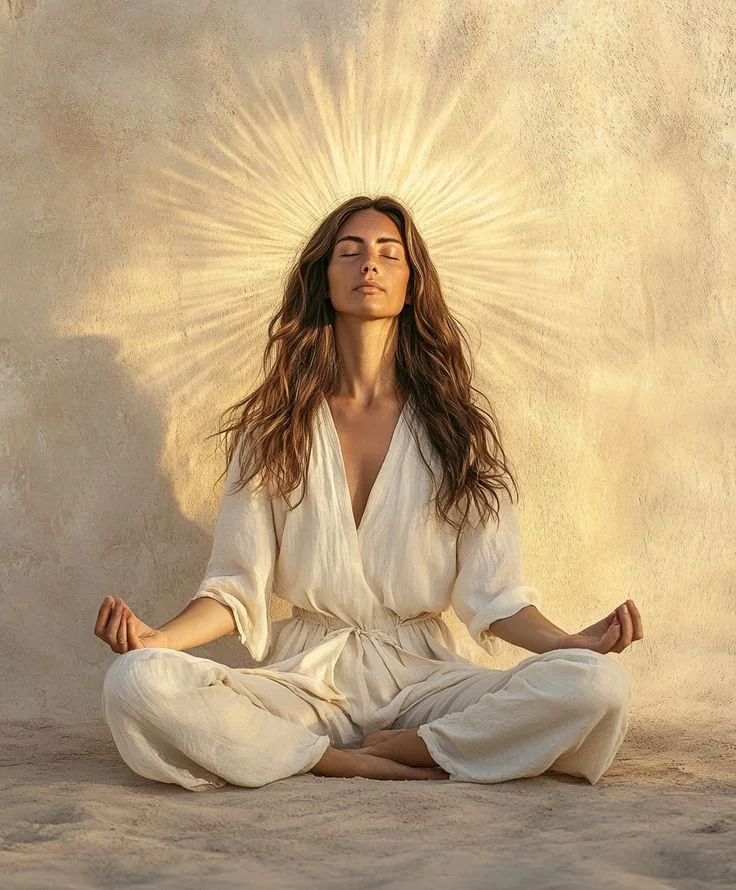 A woman sitting in a yoga pose with her eyes closed, wearing a light-colored outfit, with a radiant halo effect behind her head on a neutral background.