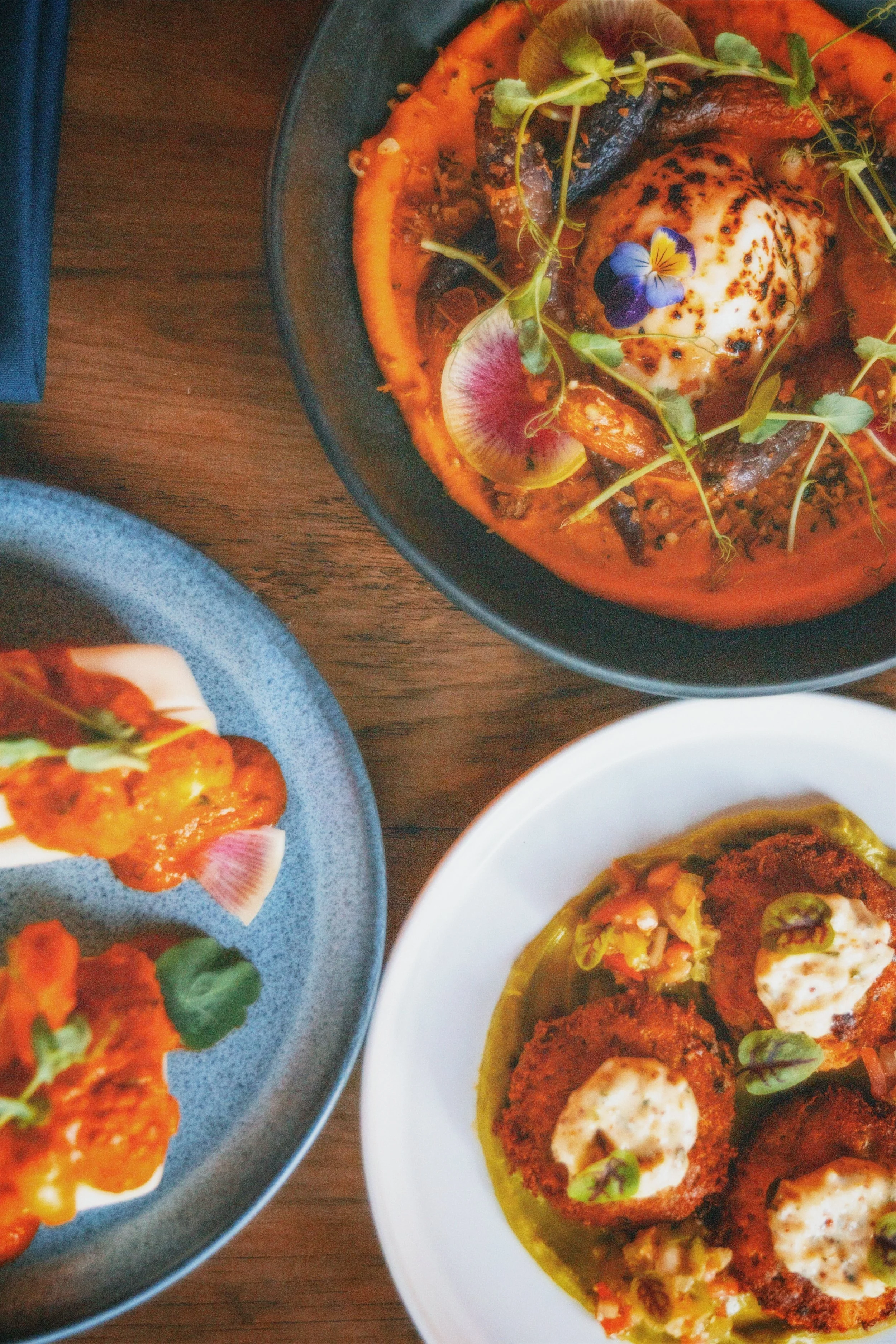 Three plates of gourmet food with various dishes garnished with microgreens, including a bowl of soup with a poached egg, another dish with fried items topped with sauce and herbs, and small fish tacos with toppings on blue and white plates.