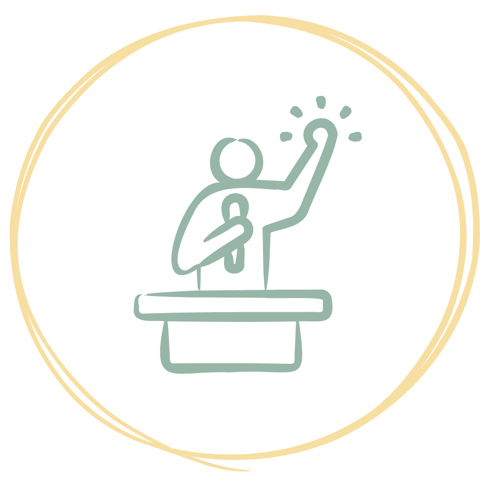 A decorative icon in a simple, hand-drawn style. A soft green figure gives an empassioned speech with a microphone, surrounded by a yellow circle.