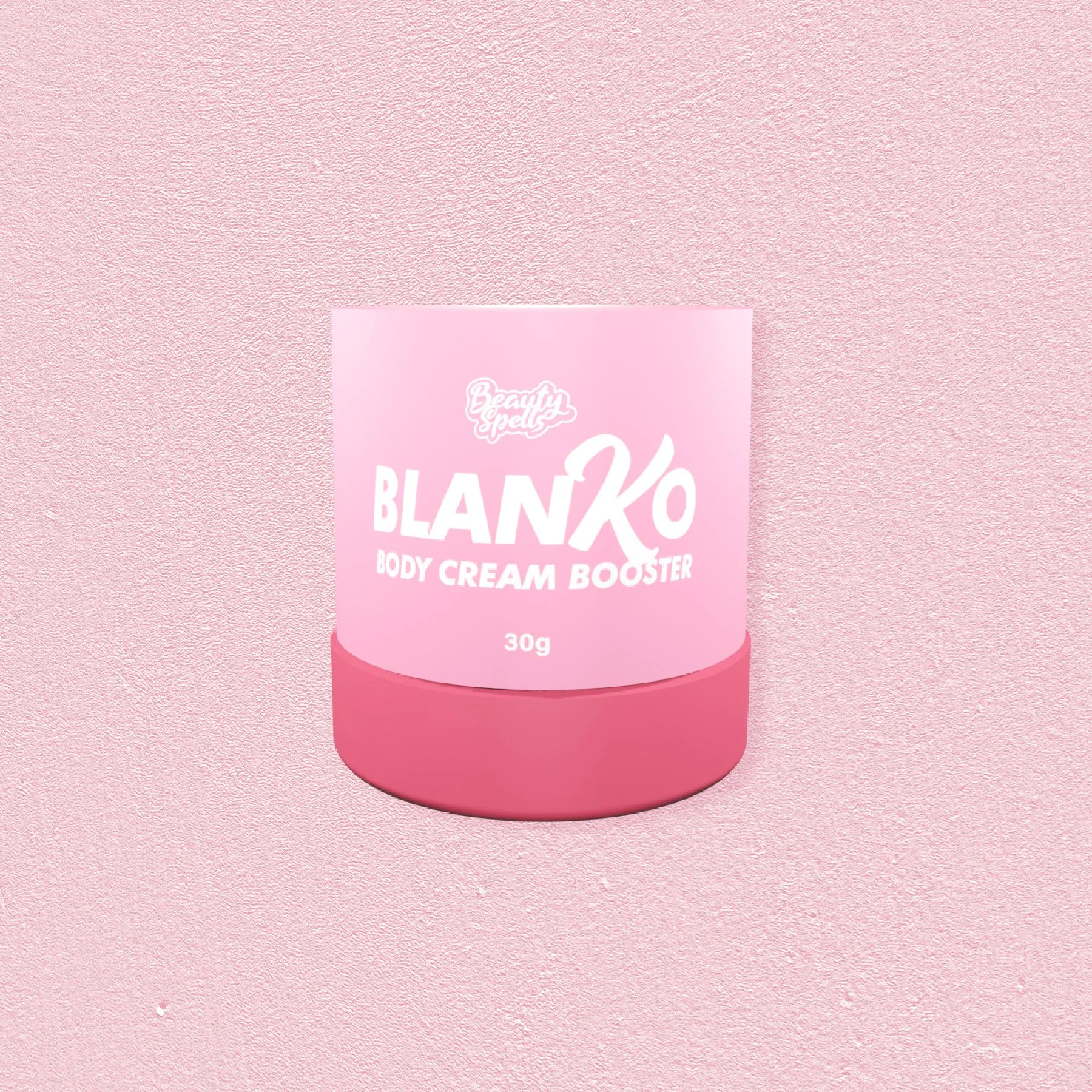 Pink container labeled BLANKo Body Cream Booster with 30 grams on pink textured background.