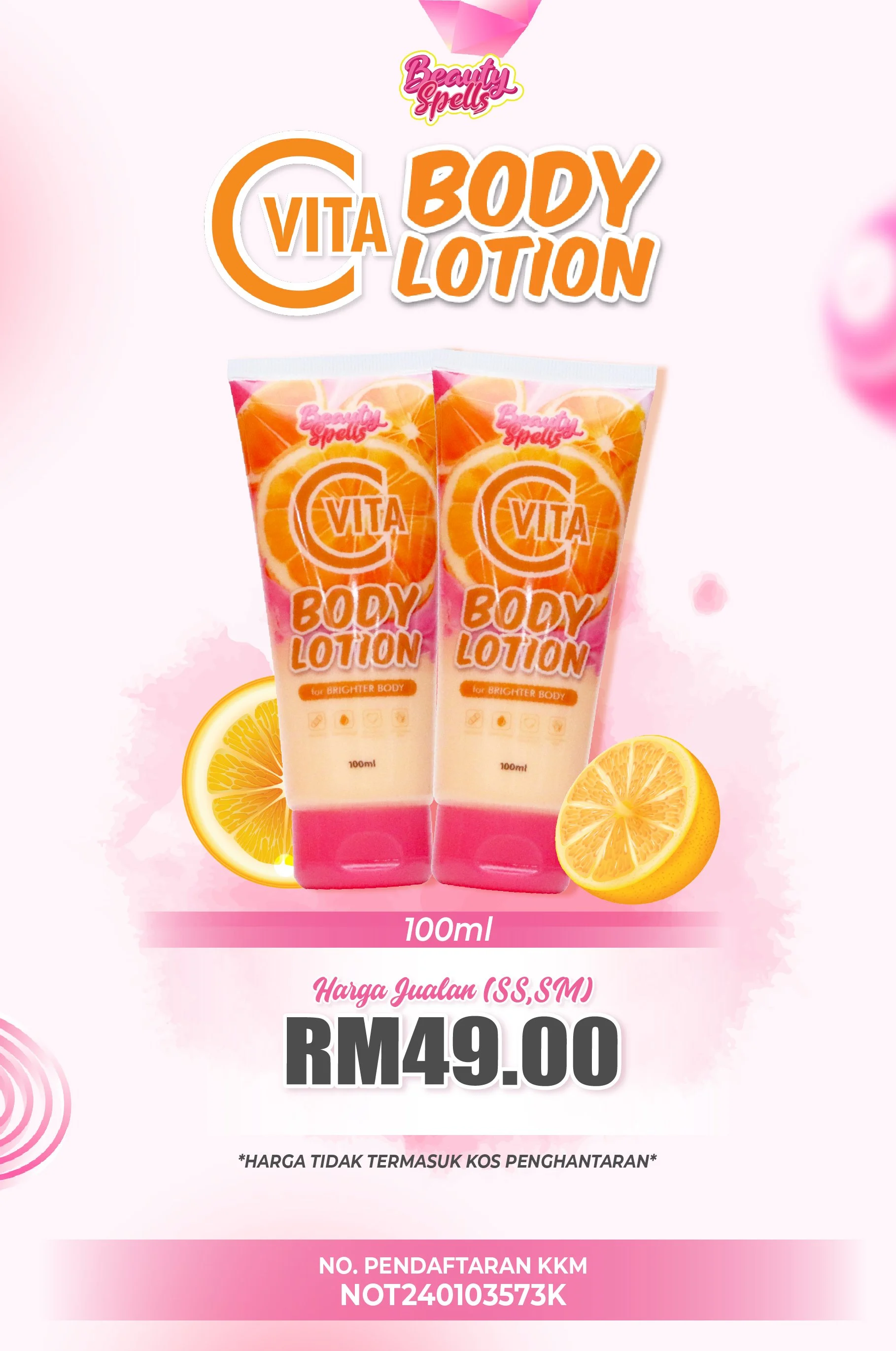 Advertisement for VITA Citrus Body Lotion, 100ml, priced at RM49.00, with images of two lotion tubes and oranges on a pink background.