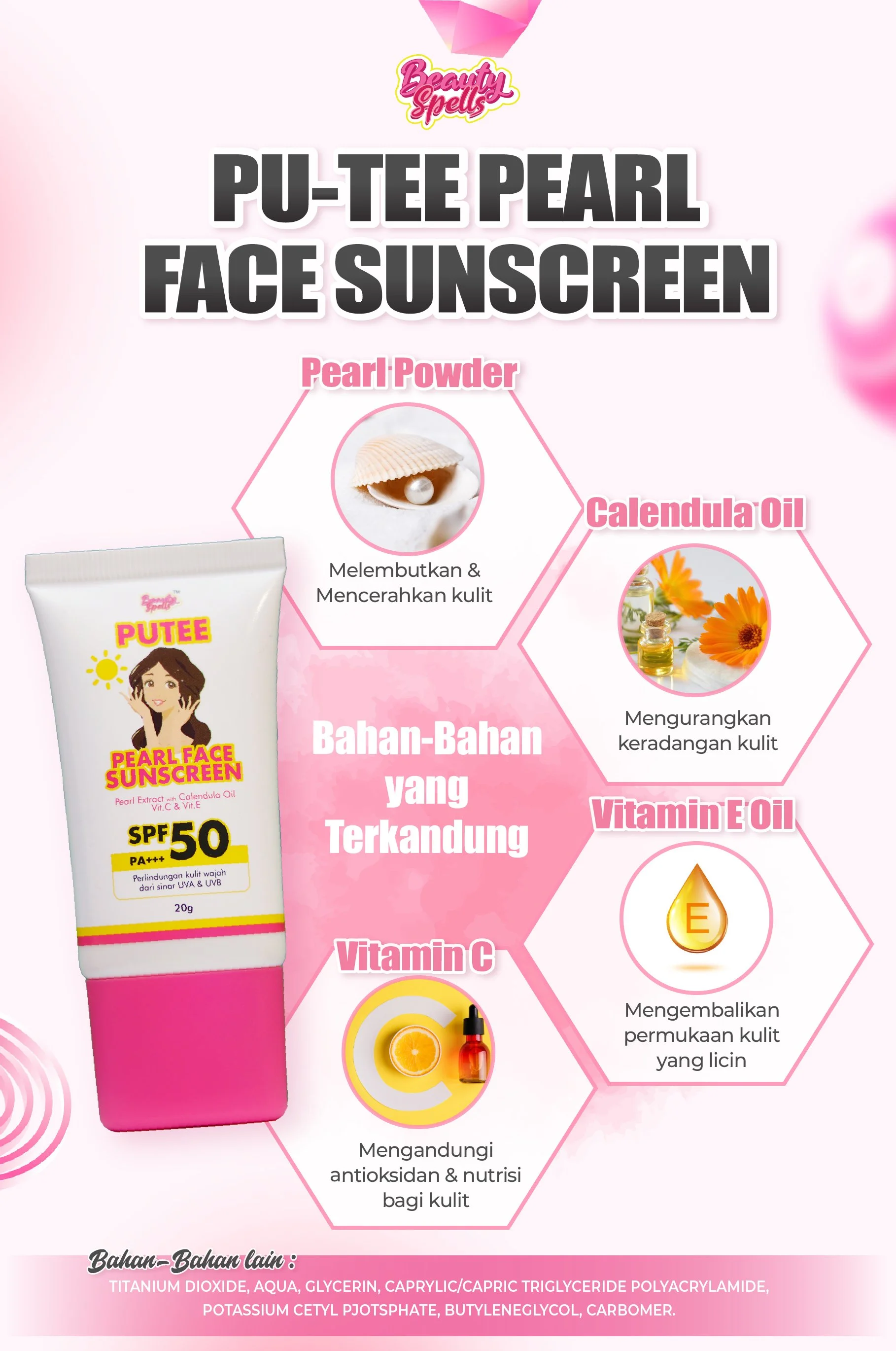 Product packaging for Beauty Spells PU-T EE Pearl Face Sunscreen SPF 50 with illustrations and descriptions of main ingredients including pearl powder, calendula oil, vitamin E oil, and vitamin C, highlighting their skin benefits.