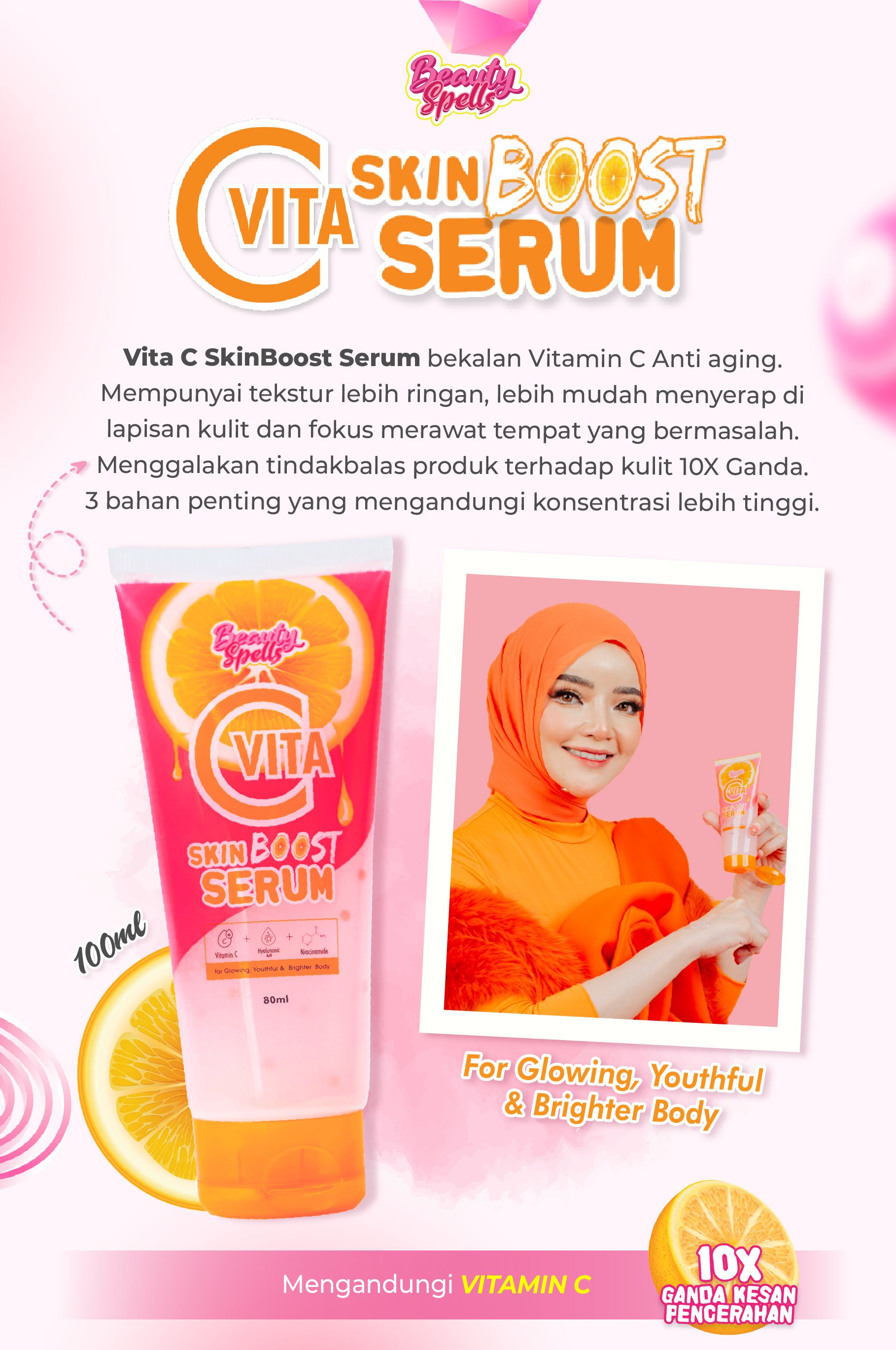 Advertisement for Vita C SkinBoost Serum featuring a woman in orange attire and hijab, holding the product, with images of oranges and pink abstract shapes in the background.
