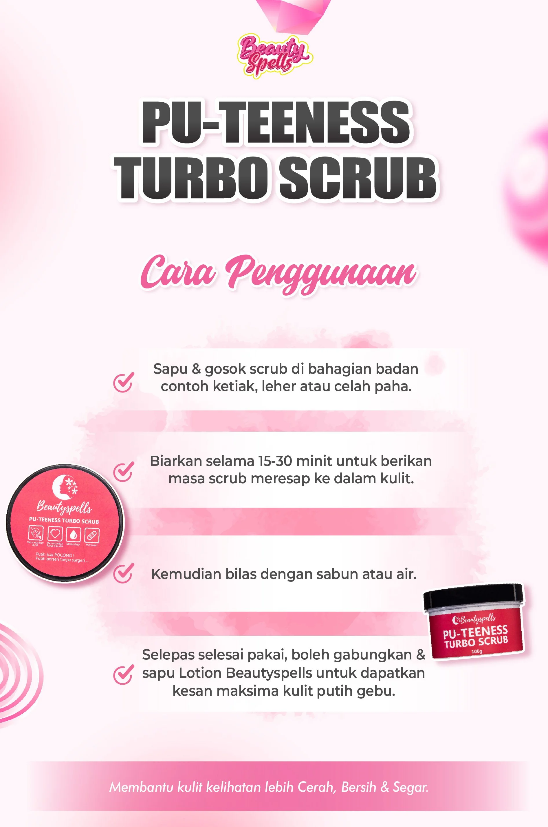 Instructions for using Beauty Spells PU-Teeness Turbo Scrub in Indonesian, including step-by-step application and tips for best results, with promotional pink backgrounds and product images.