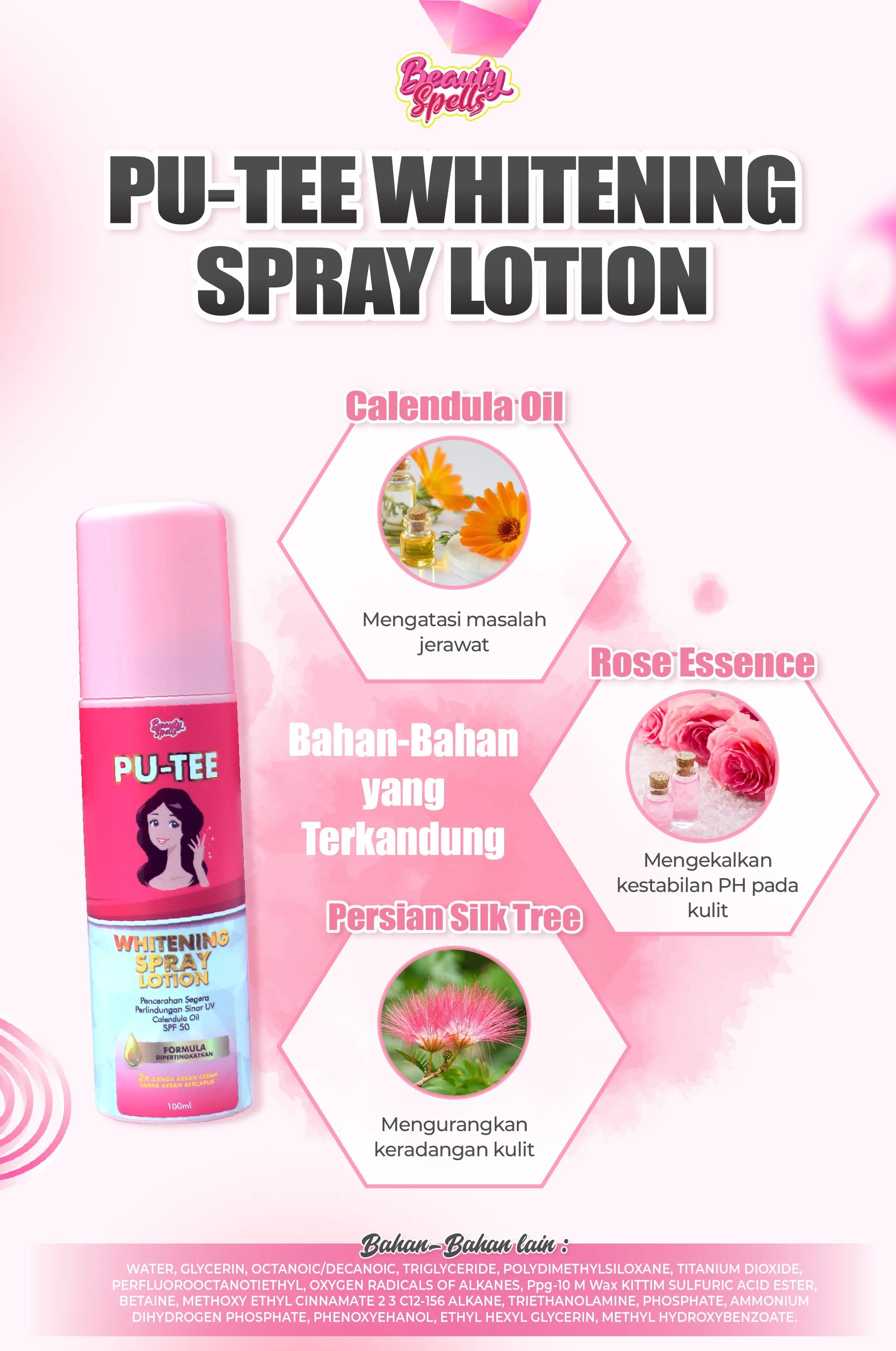 An advertisement for PU-Tee whitening spray lotion featuring ingredients calendra oil, rose essence, and persian silk tree. The product aims to combat acne, maintain skin pH stability, and reduce skin inflammation.