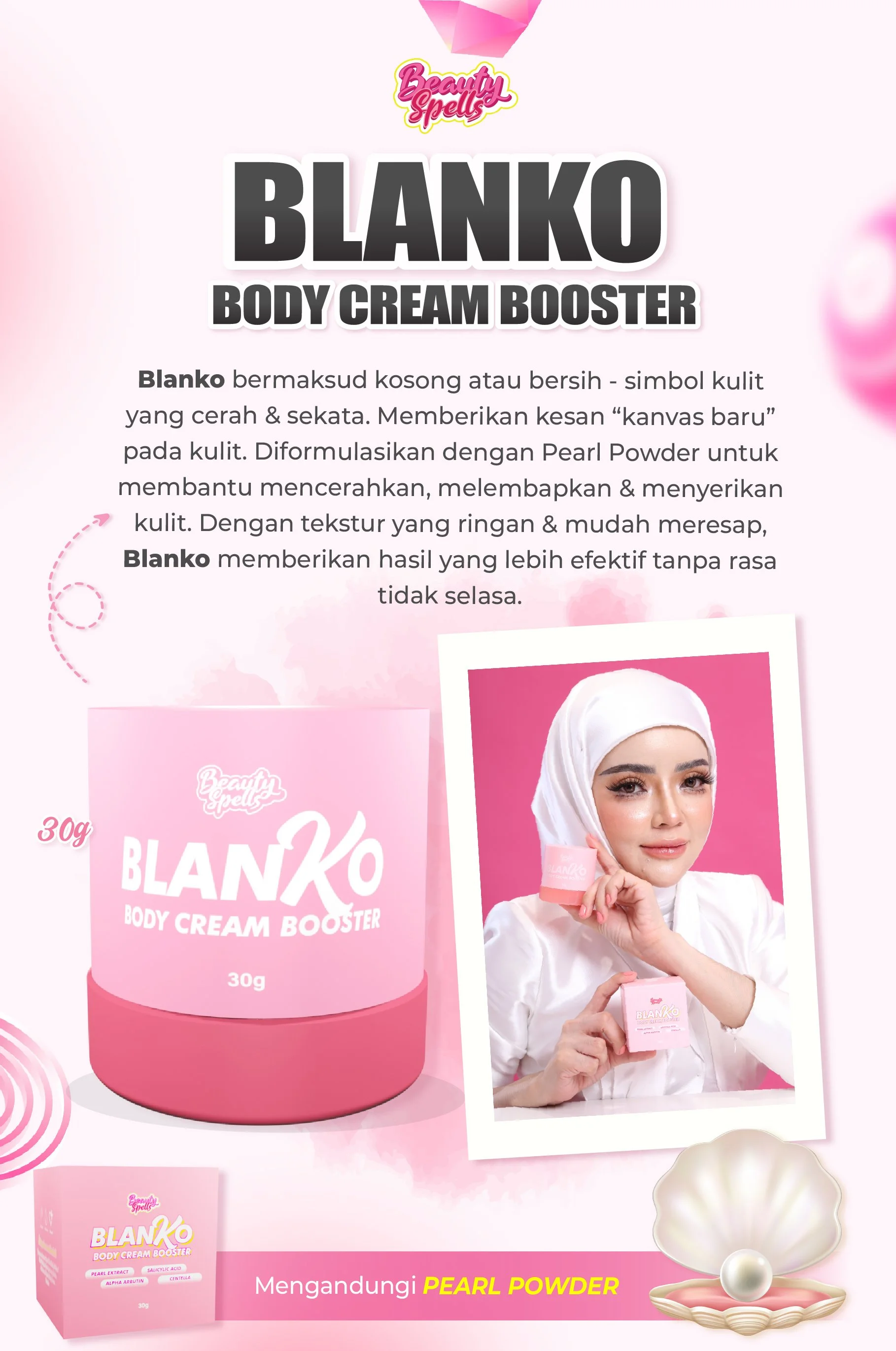 Advertisement for BlanKo Body Cream Booster with pink packaging, a woman in a white hijab holding the product, and an illustration of a pearl in an oyster shell.