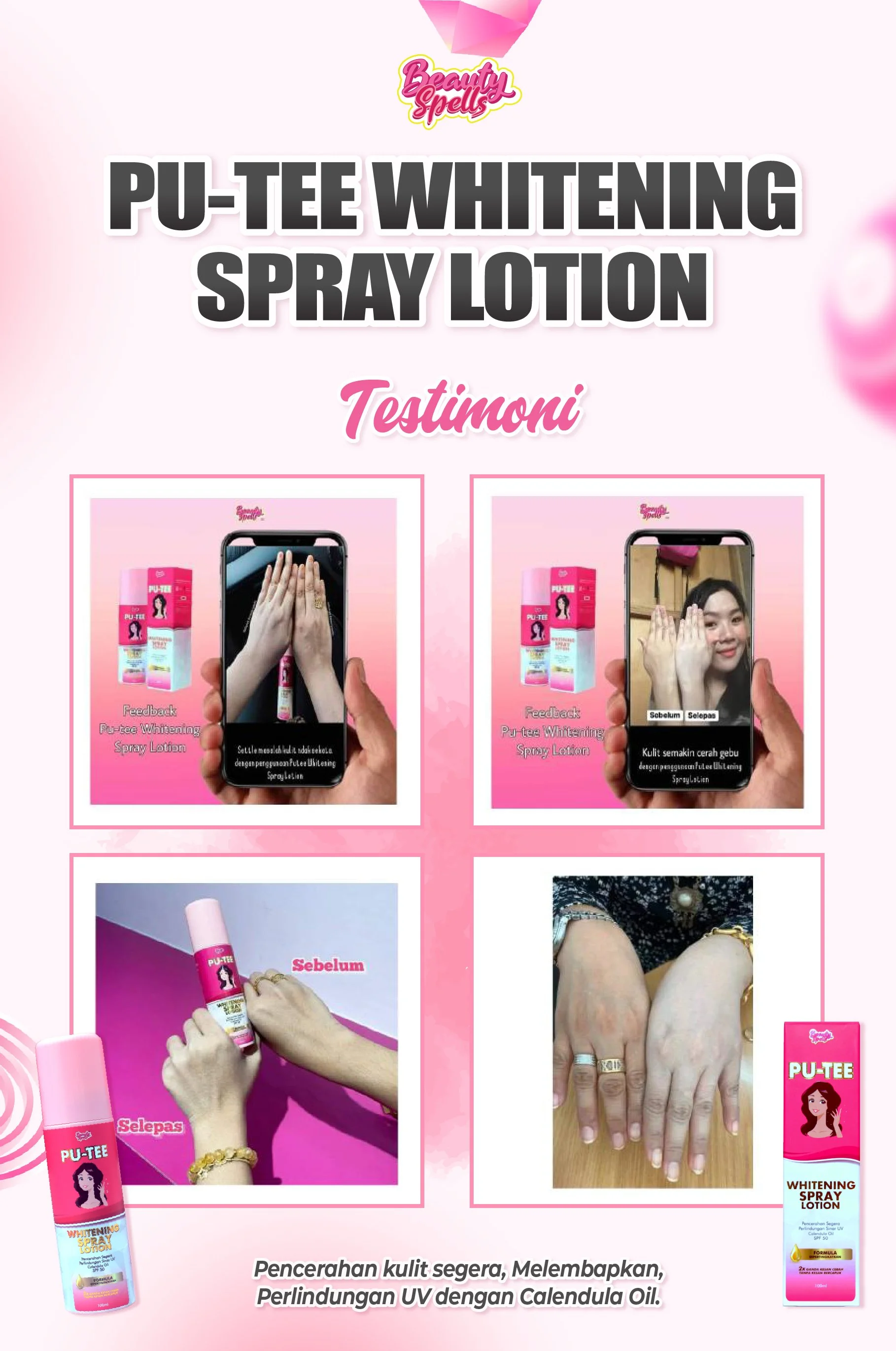 Review of PU-TEE Whitening Spray Lotion, showing before and after images of skin whitening and testimonials.