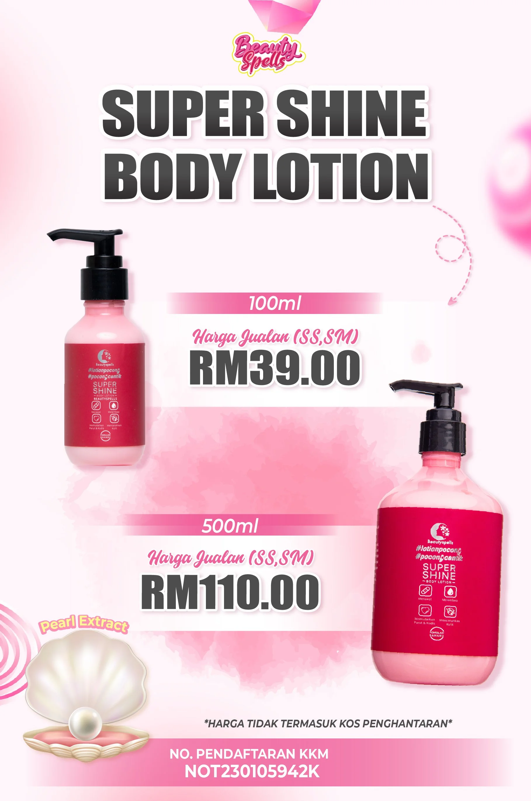 Advertisement for Beauty Spells Super Shine Body Lotion featuring bottles in pink and black with a pearl and shell illustration, pricing details in Malaysian Ringgit, and product information.