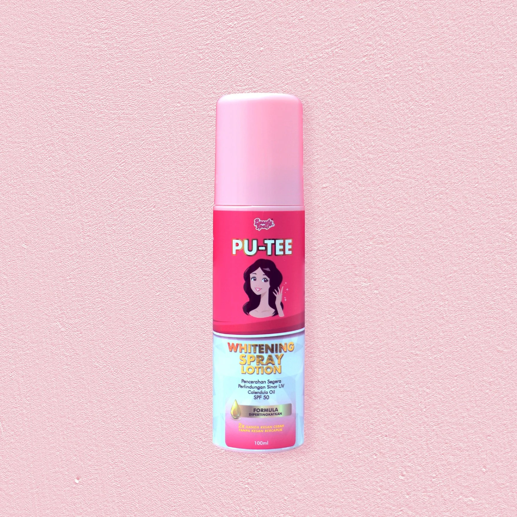 A pink and white spray lotion can labeled "PU-TEE Whitening Spray Lotion" with a cartoon woman on the label, placed on a pink textured background.