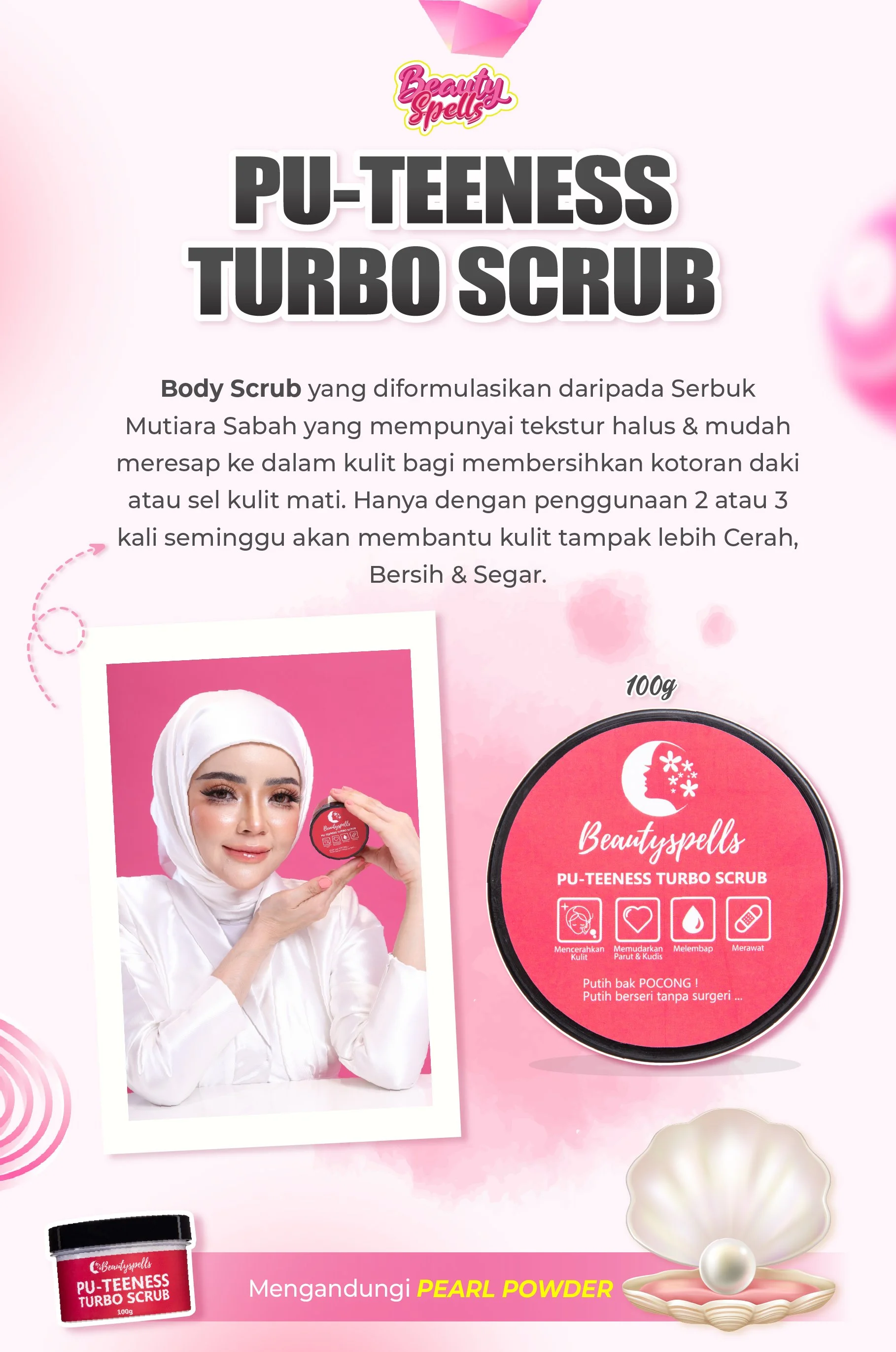 Advertisement for Beauty Spells PU-Teeness Turbo Scrub, featuring a woman with a white headscarf holding the product, pink background with a woman holding a container of scrub, ingredients like pearl powder depicted visually