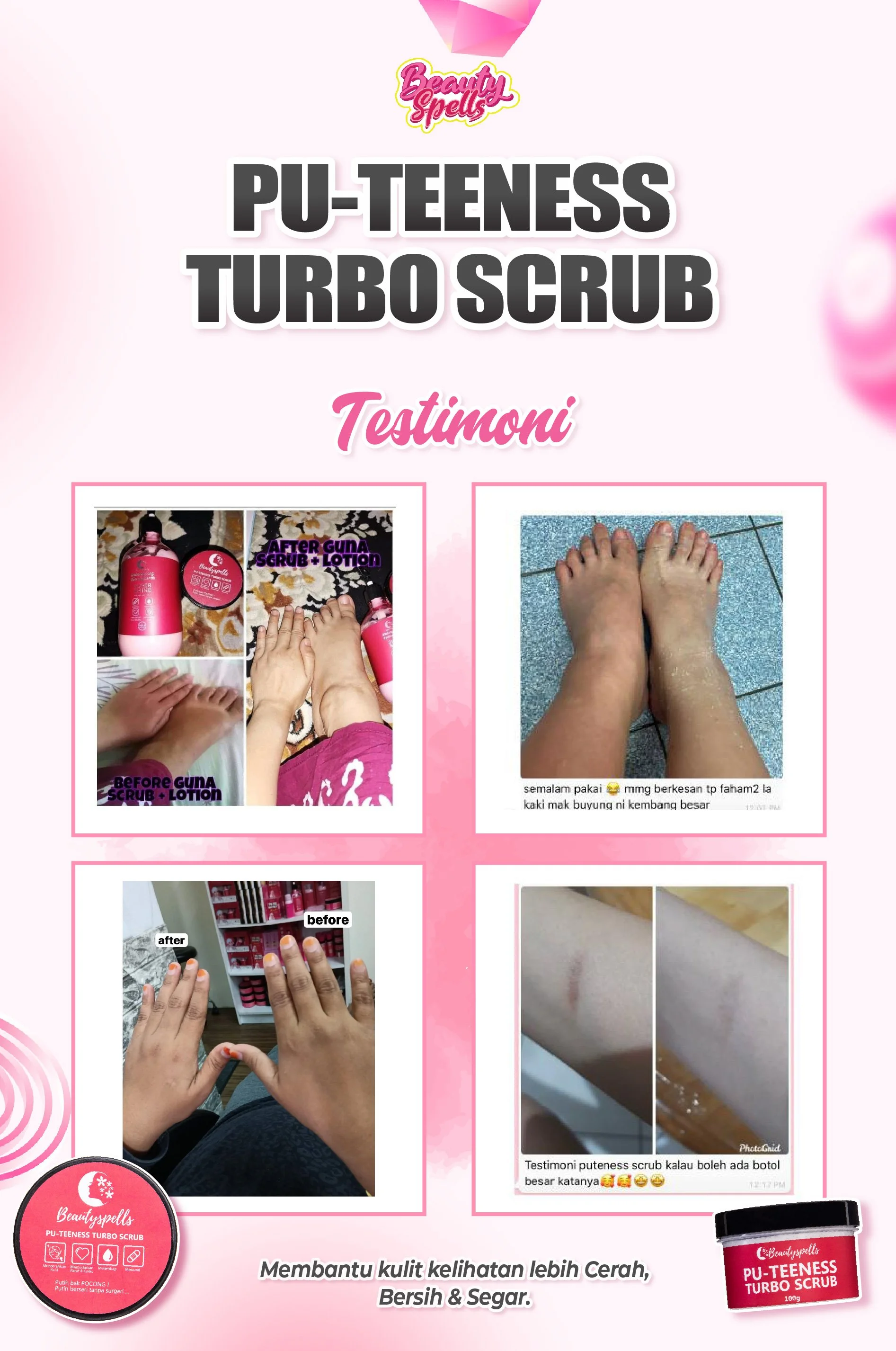 Promotional image for Beauty Spells PU-Teeness Turbo Scrub in Testimoni reviews. Contains before-and-after photos showing skin improvements, such as reduced scars and smoother skin, with text in Malay/Indonesian. The background is pink with product i