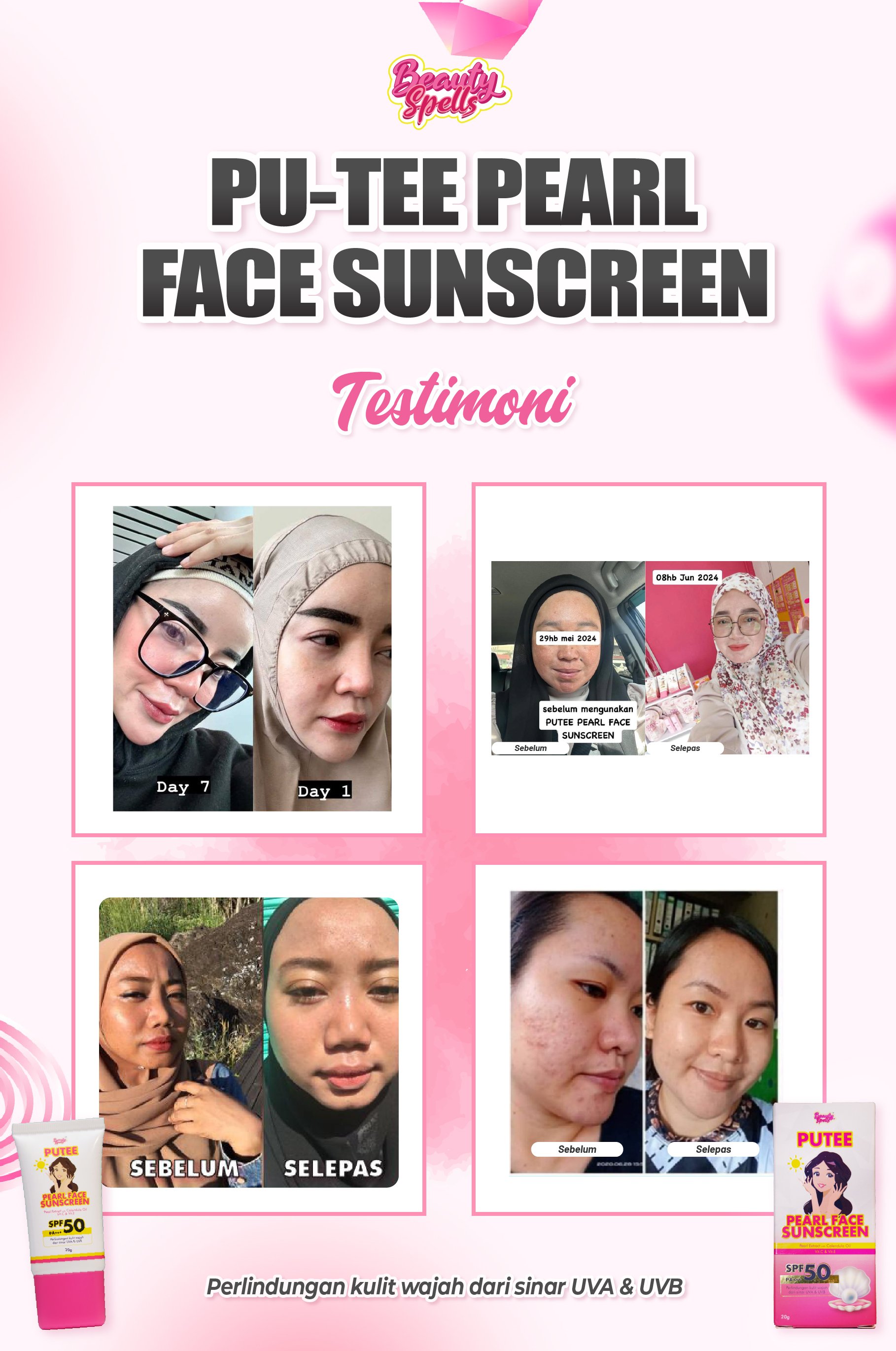 Advertisement for PU-TEE Pearl Face Sunscreen with before and after photos showing skin improvement and testimonials, with a pink and white background, pink swirls, and an image of the sunscreen product at the bottom left and right corners.