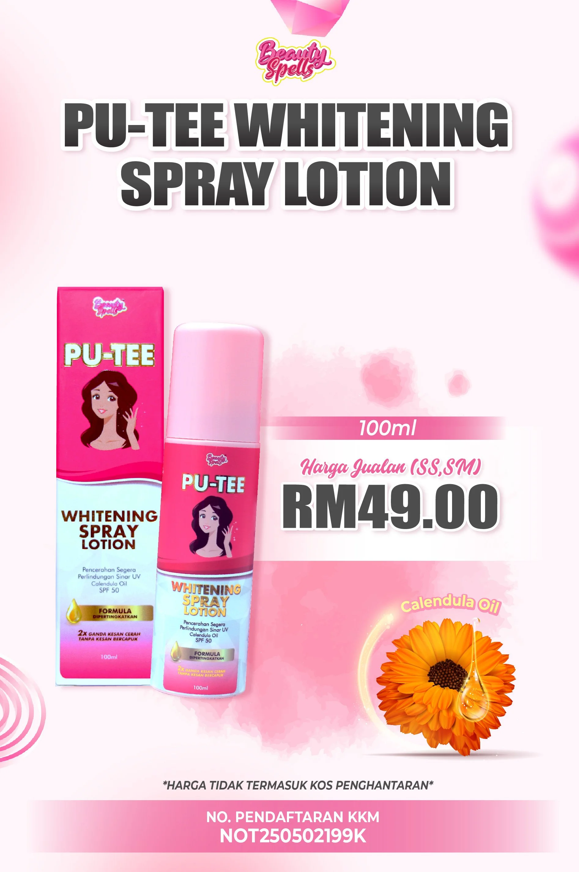 Ad for Beauty Spells PU-TEE Whitening Spray Lotion, pink bottle and box showing a cartoon woman, priced at RM49.00 for 100ml, with calendula flower and oil illustration indicating calendula oil, pink and white background.