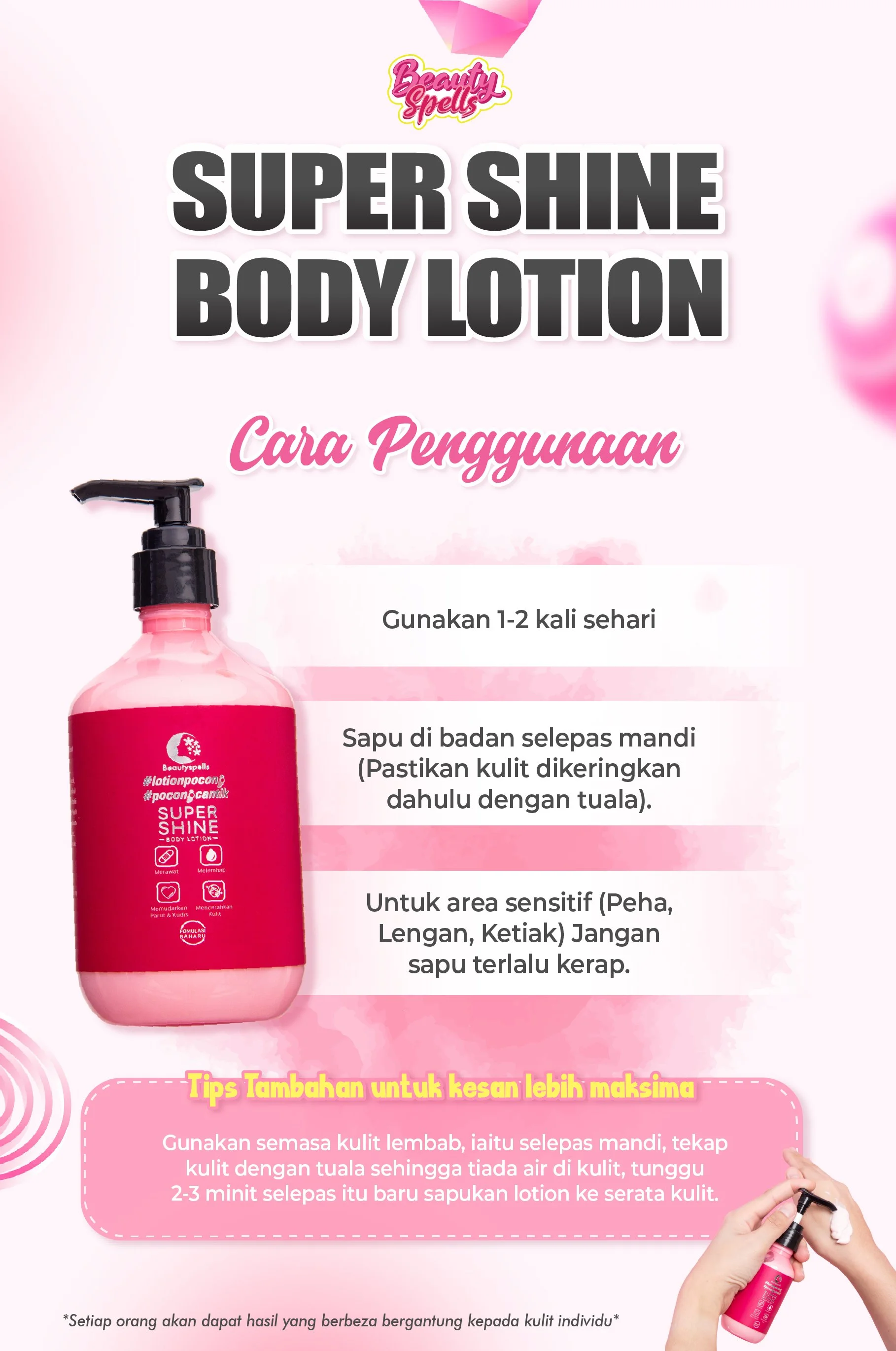 Instructions and tips for using Beauty Spells Super Shine Body Lotion, including usage frequency, application method, and sensitive skin caution, with an image of a pink lotion pump bottle.
