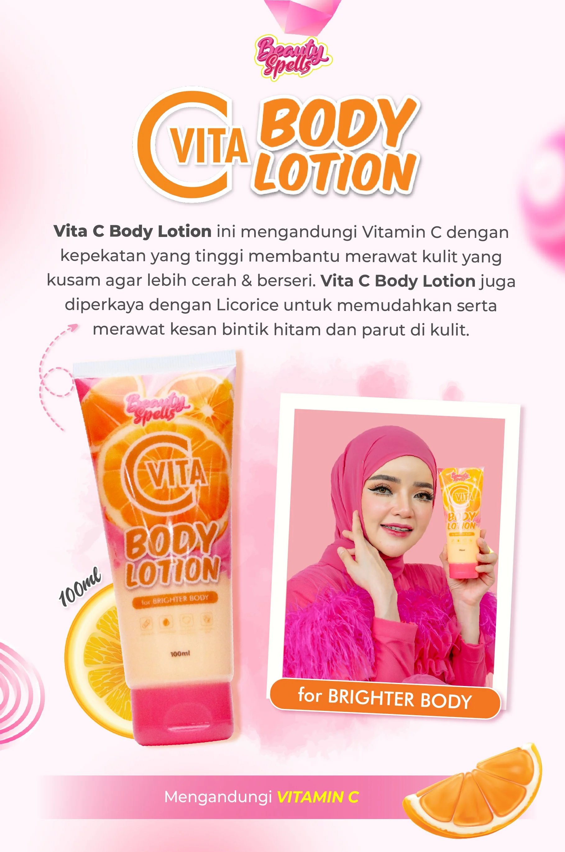Packaging and advertisement for Vita C Body Lotion with a woman in pink clothing and hijab, holding the product, with oranges and pink background.