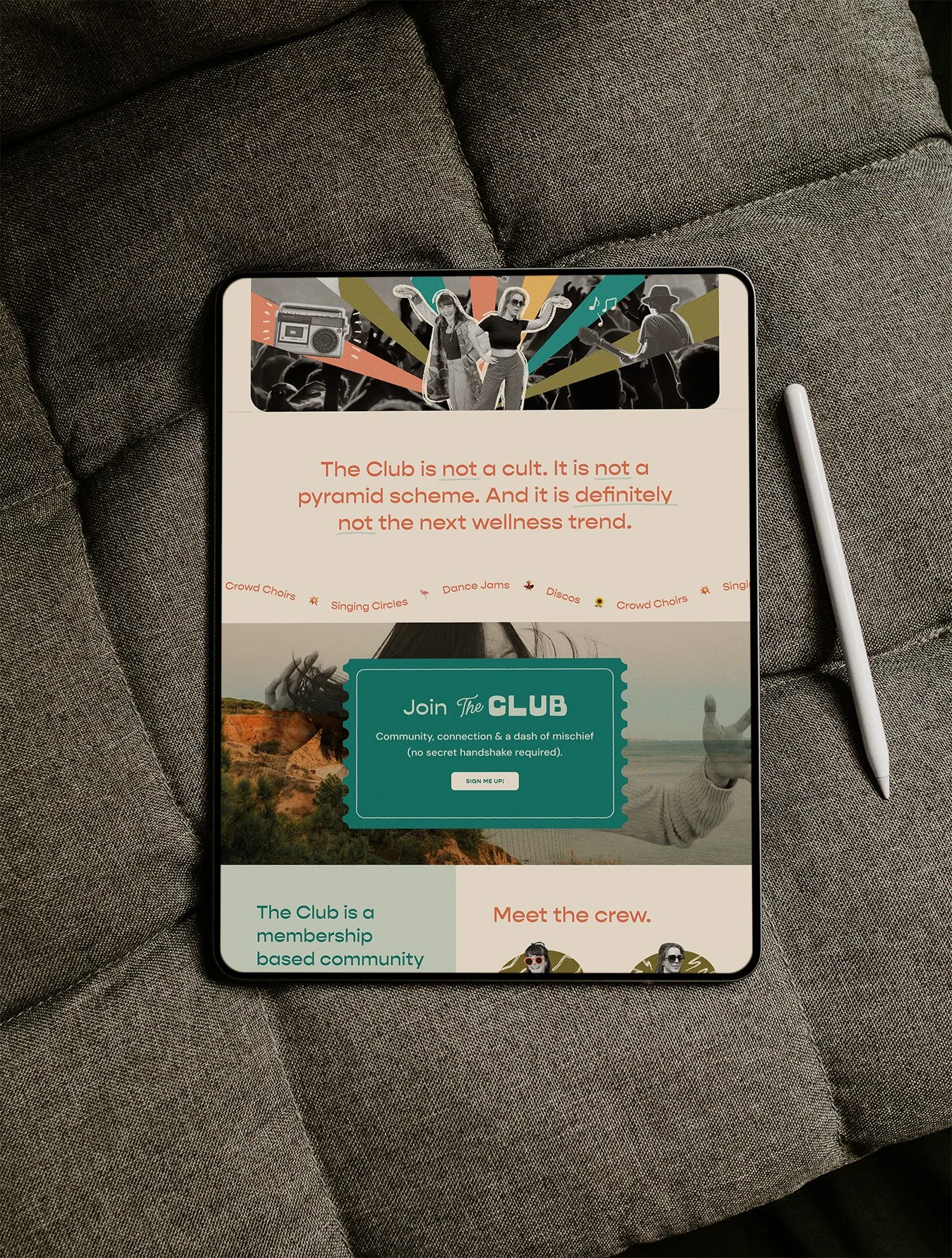 An iPad displaying a website about a community club, with a stylized image of people dancing and playing musical instruments at the top, and buttons and sections promoting membership and crew introduction.