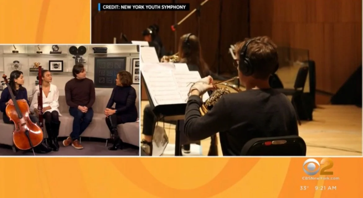 Split-screen image showing a group of four young women chatting on a couch with musical instruments, and multiple musicians playing in a recording studio. The studio musicians are wearing headphones and are surrounded by music stands, with one playin